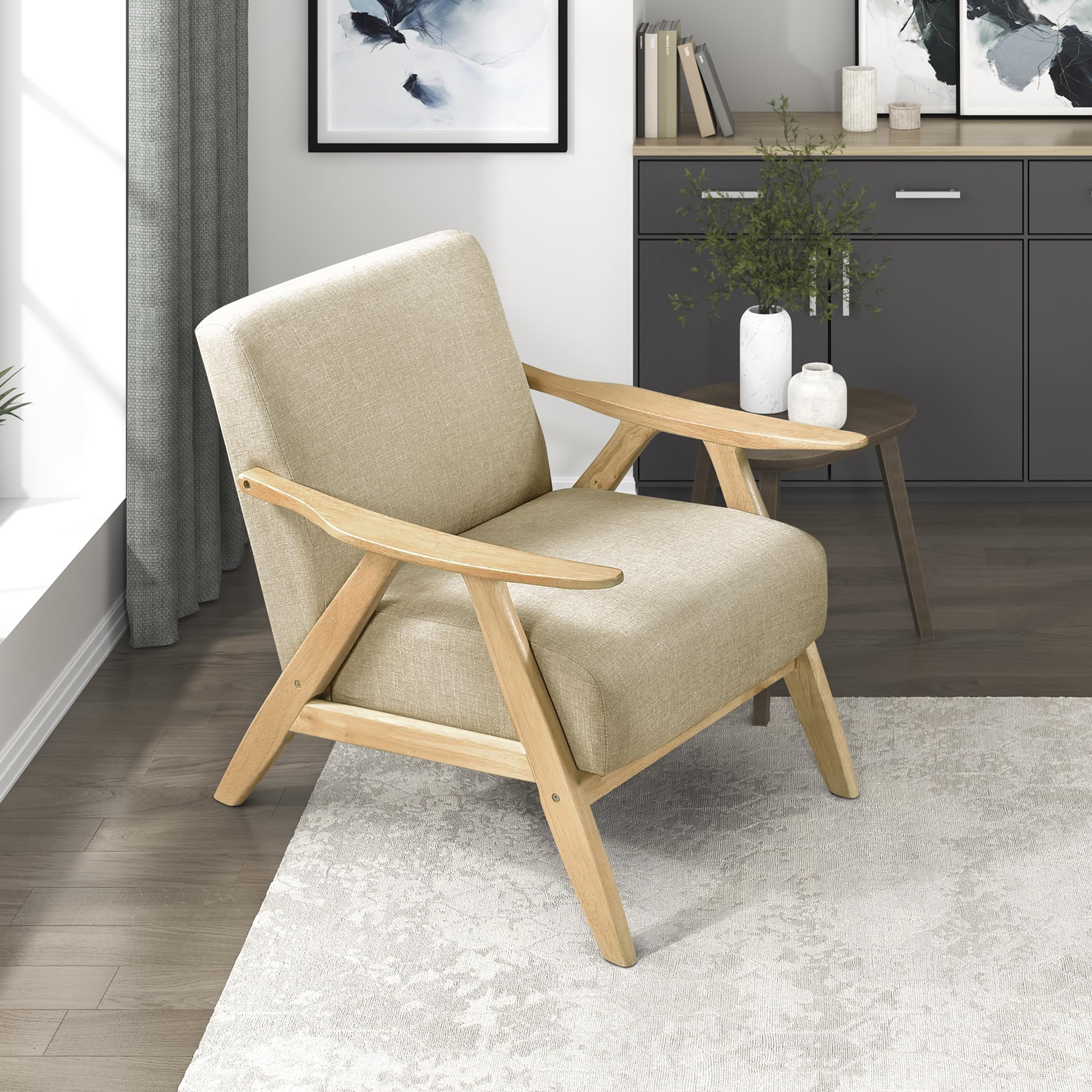 Lexicon Mid Century Modern Accent Chair with Solid Wood Frame in Natural Finish, Textured Fabric Living Room Lounge Arm Chair, T