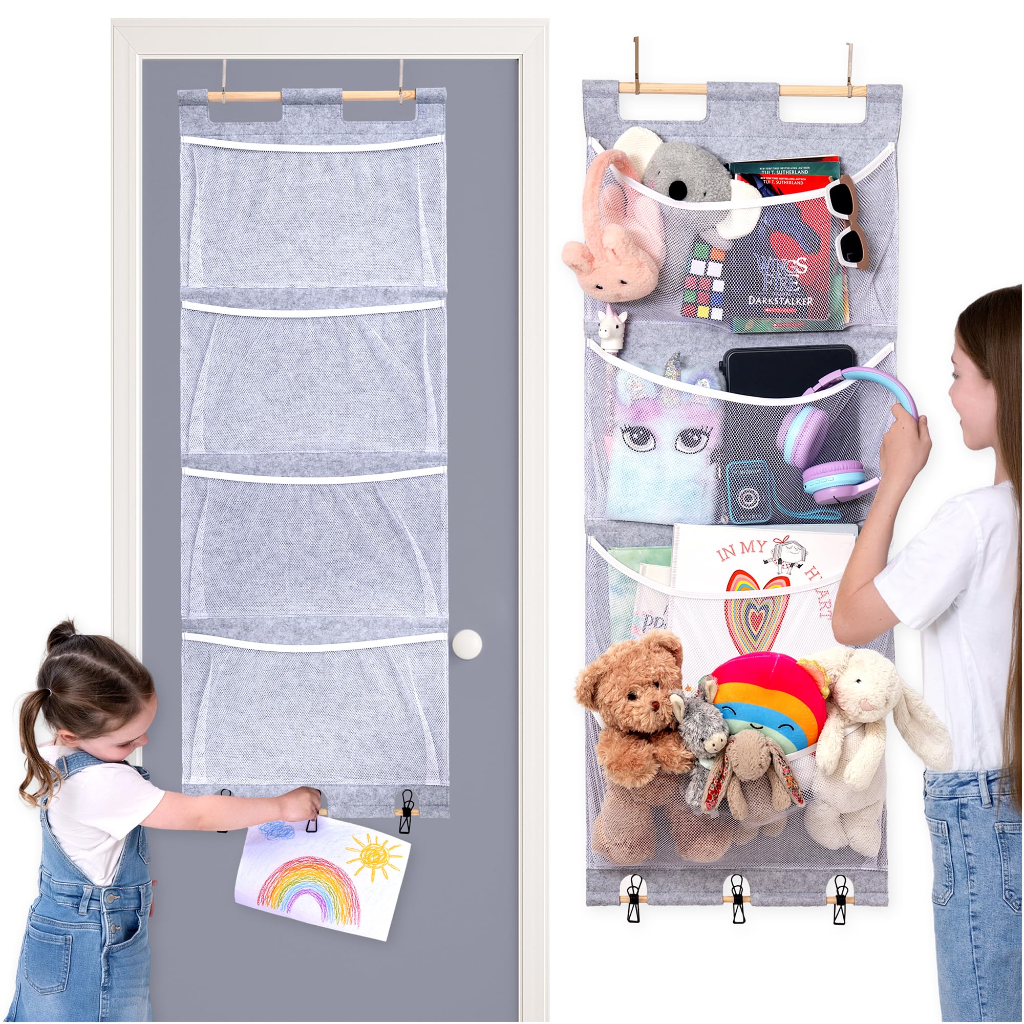 Over the Door Stuffed Animal Storage for Kids - Felt Organizer with Clips to Display Art and Mesh Pockets for Stuffies, Books an