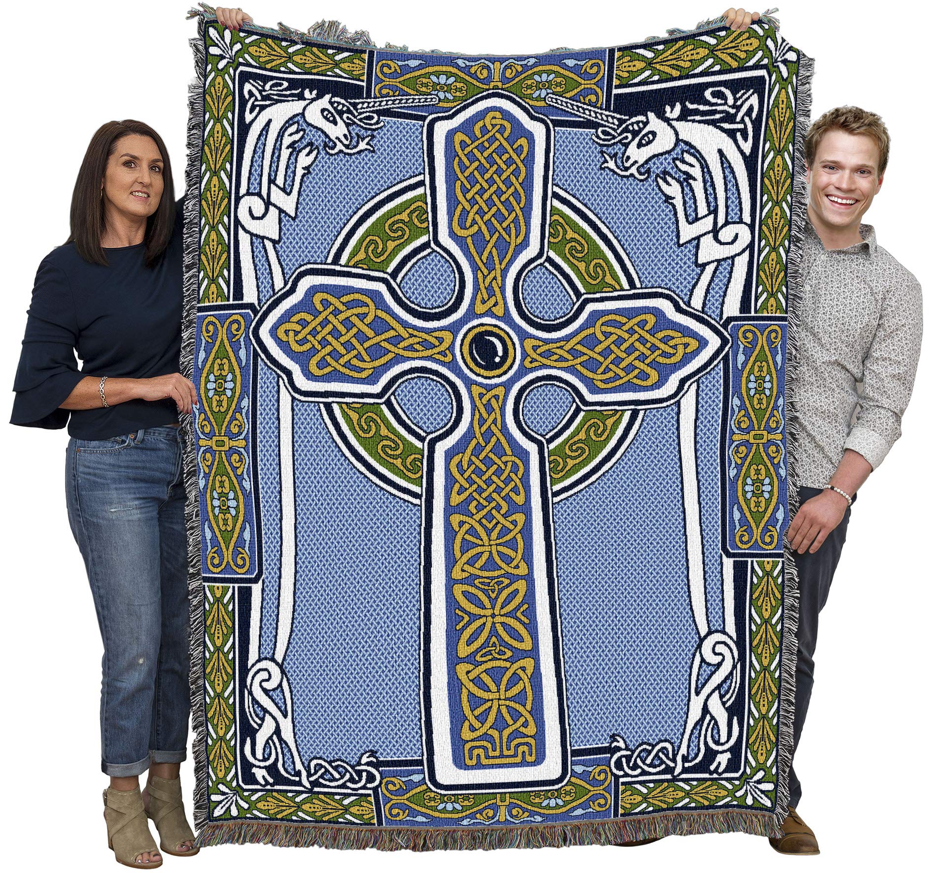 Pure Country Weavers Celtic Knots Cross with Unicorn Blanket - Blue & Green - Gift Tapestry Throw Woven from Cotton - Made in Th