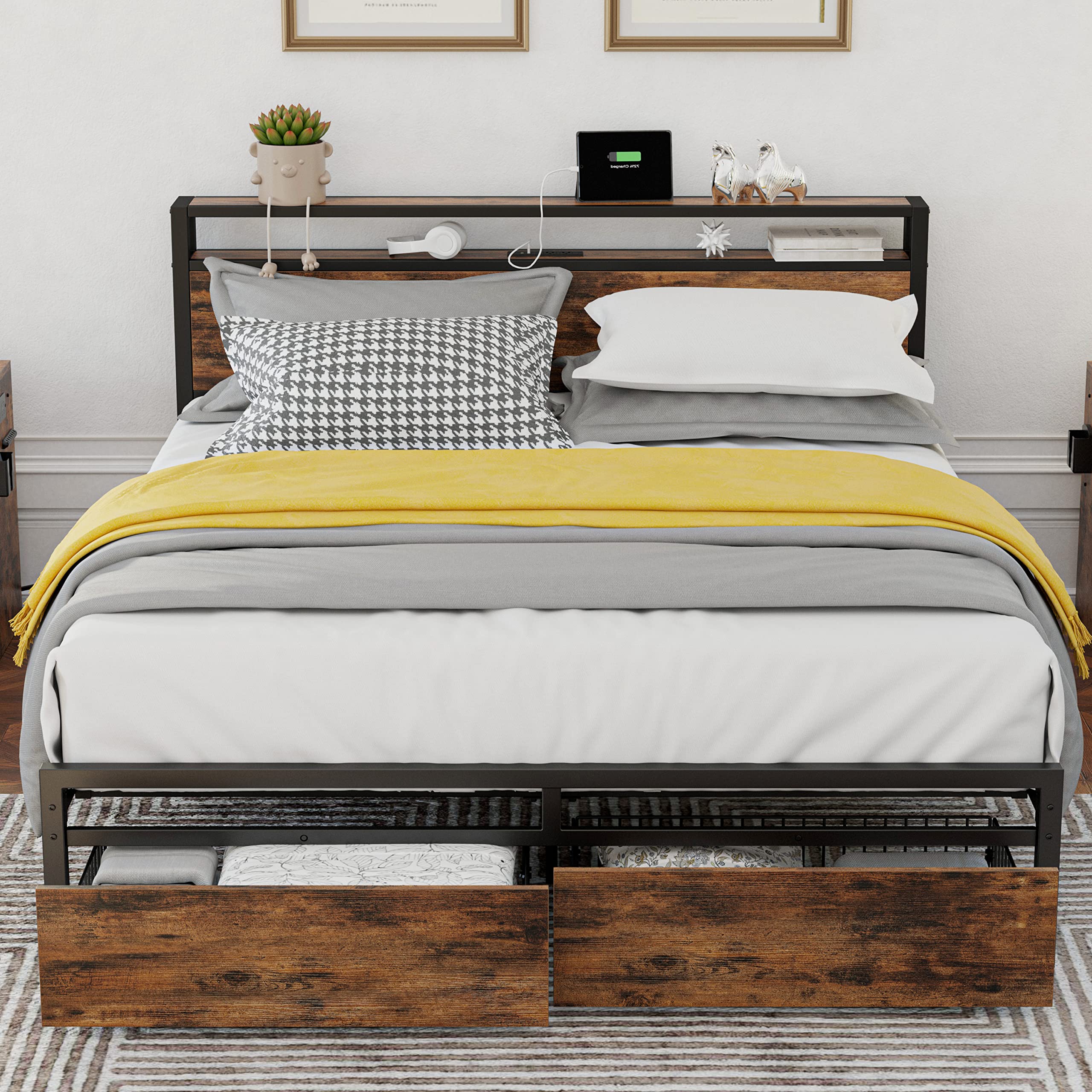 LIKIMIO Queen Bed Frame with Storage Headboard, Platform Bed with Drawers and Charging Station, No Box Spring Needed, Easy Assem
