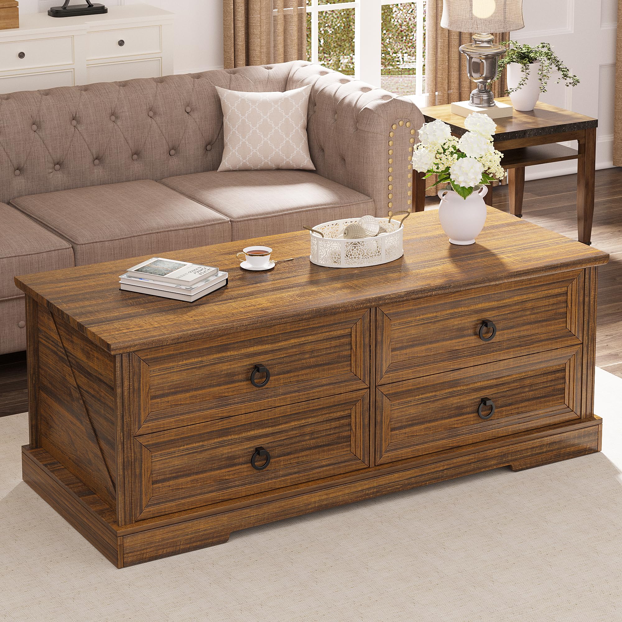 Lareth Coffee Table with Storage, 47.2 in Rustic Wooden Center Table with 4 Drawers for Living Room, Easy Assembly Rectangle Hom