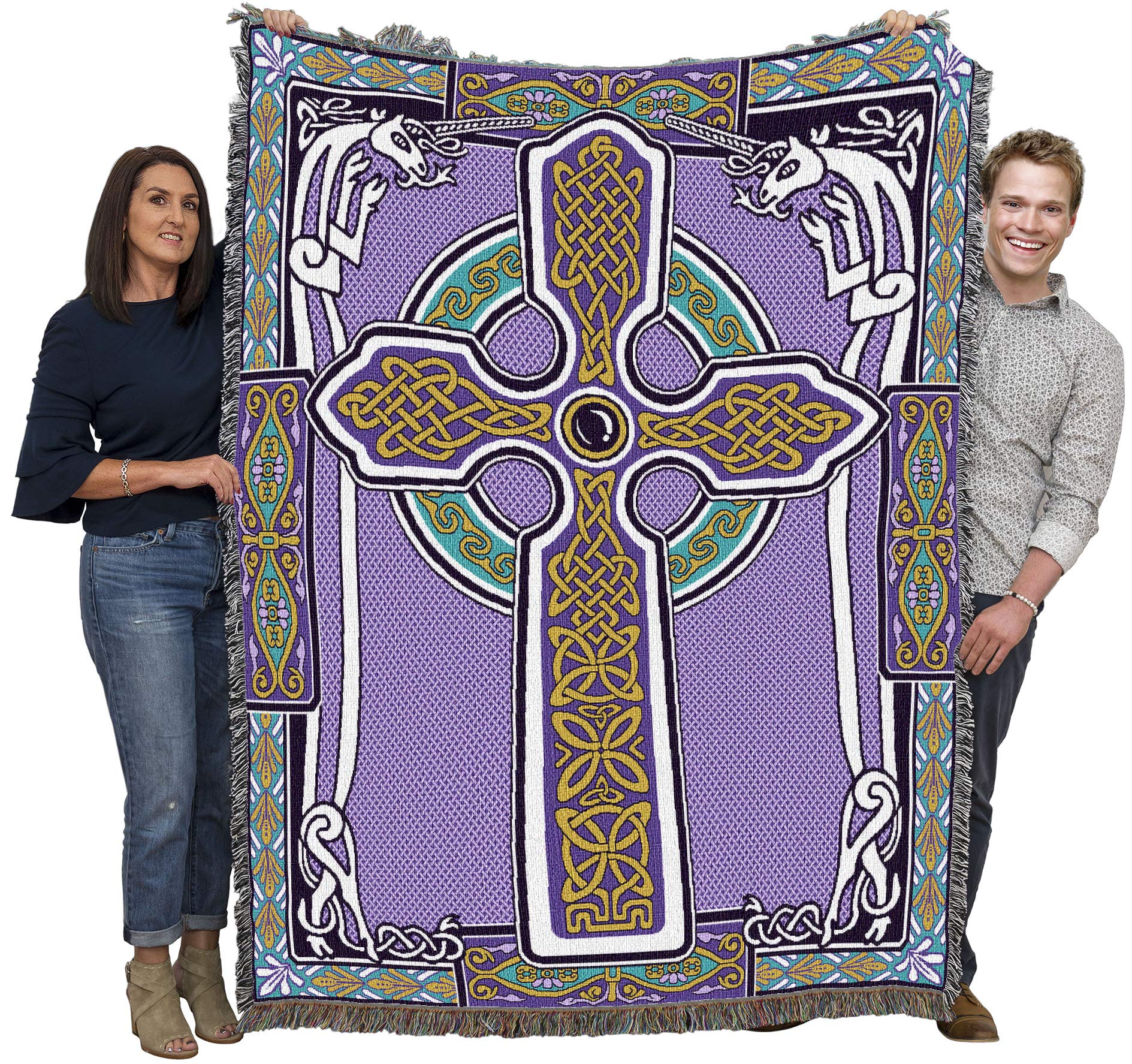 Pure Country Weavers Celtic Knots Cross with Unicorn Blanket - Purple & Teal - Gift Tapestry Throw Woven from Cotton - Made in T