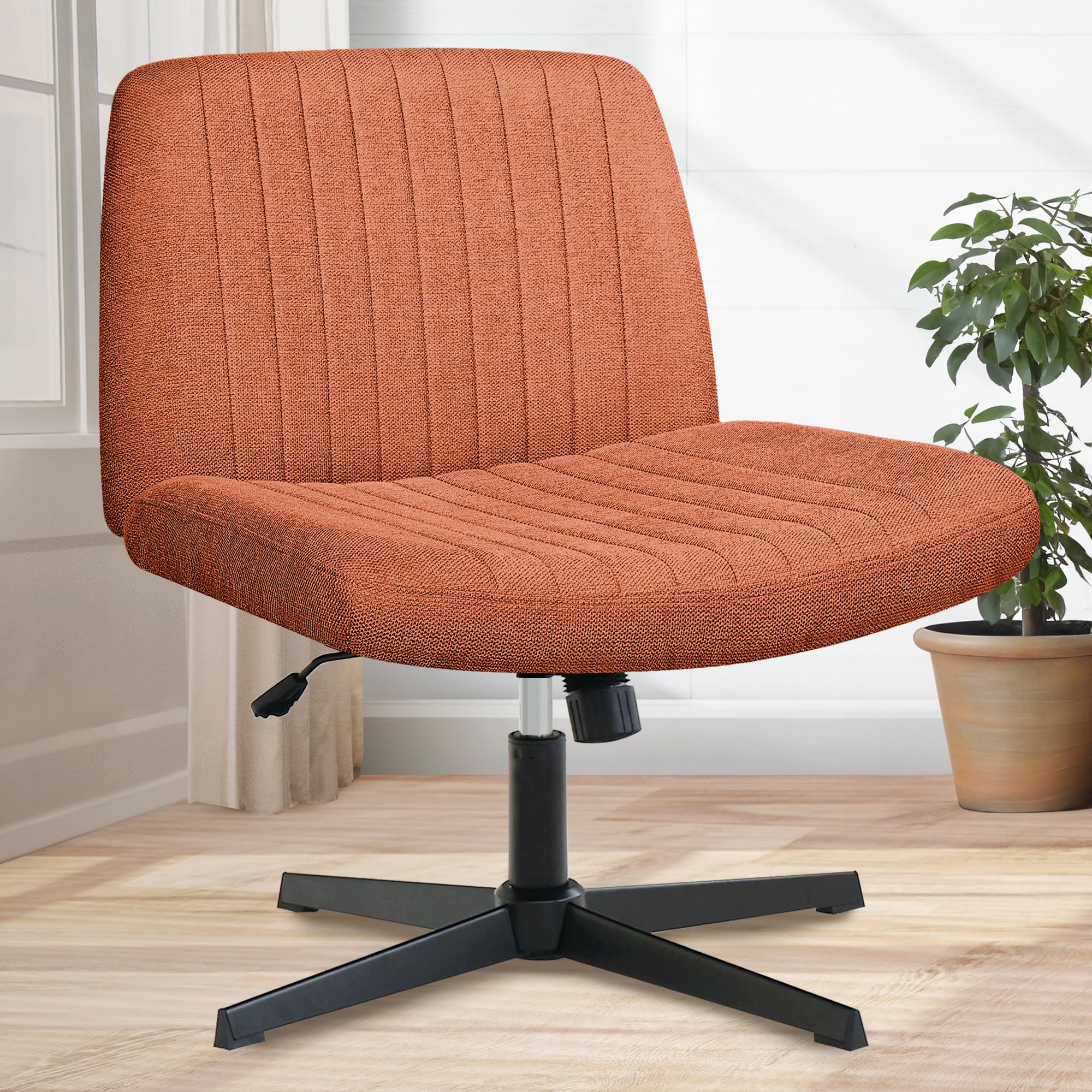 Orange Factory Criss Cross Chair No Wheel Wide Cross Legged Office Desk Vanity Chair Comfy Fabric Armless Adjustable Swivel for 