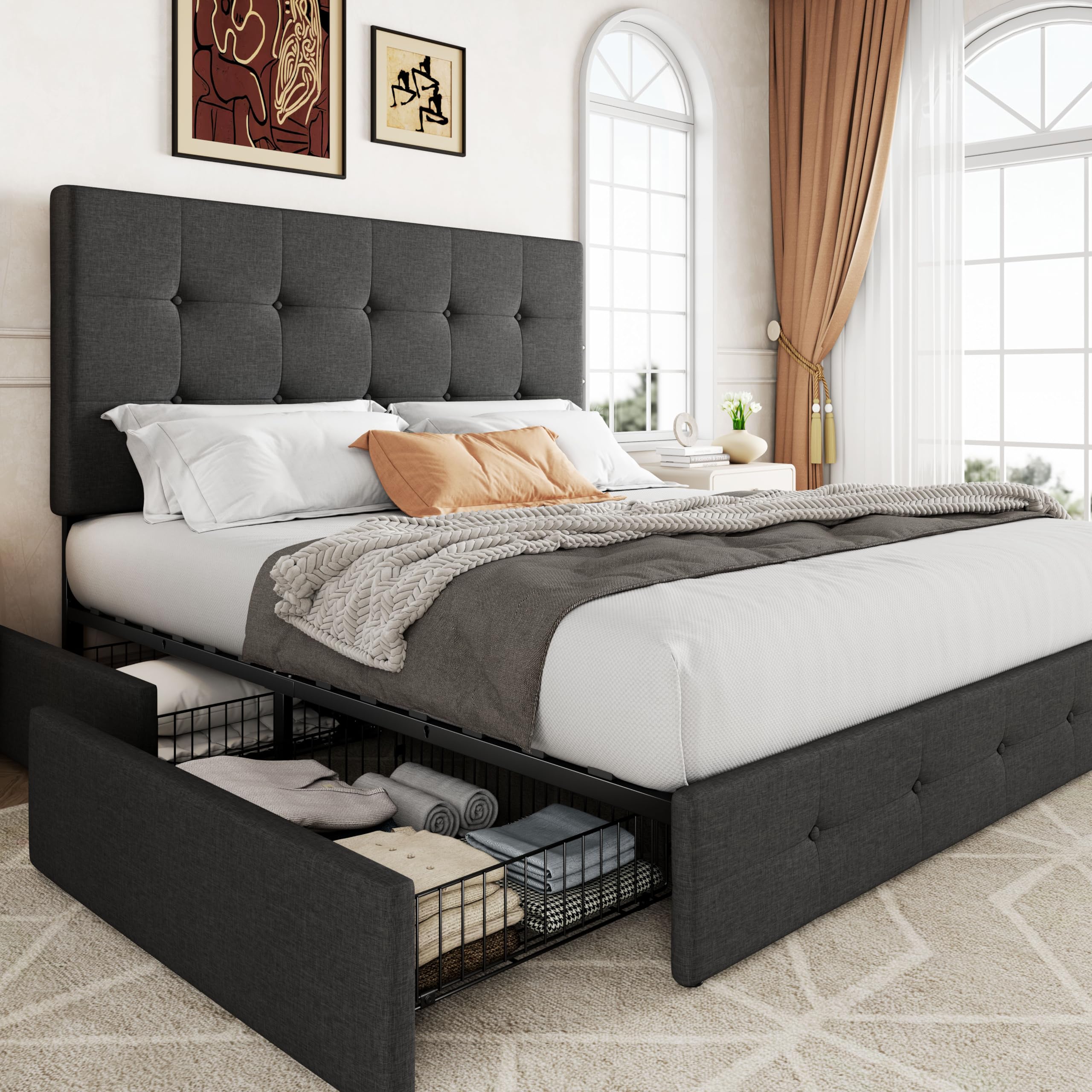 Allewie Upholstered Full Size Platform Bed Frame with 4 Storage Drawers and Headboard, Square Stitched Button Tufted, Mattress F