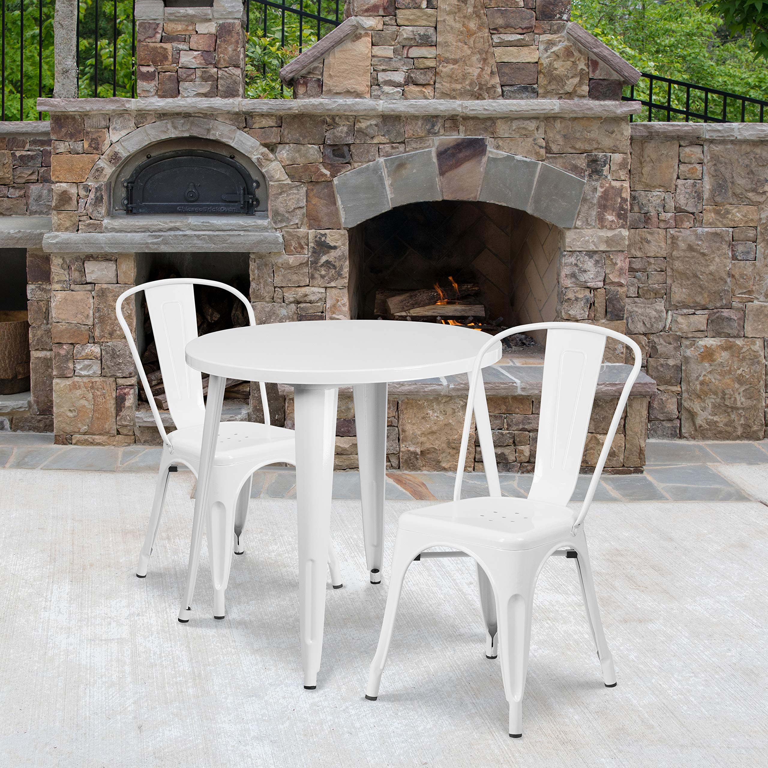 Flash Furniture Commercial Grade 30 Round White Metal Indoor-Outdoor Table Set with 2 Cafe Chairs