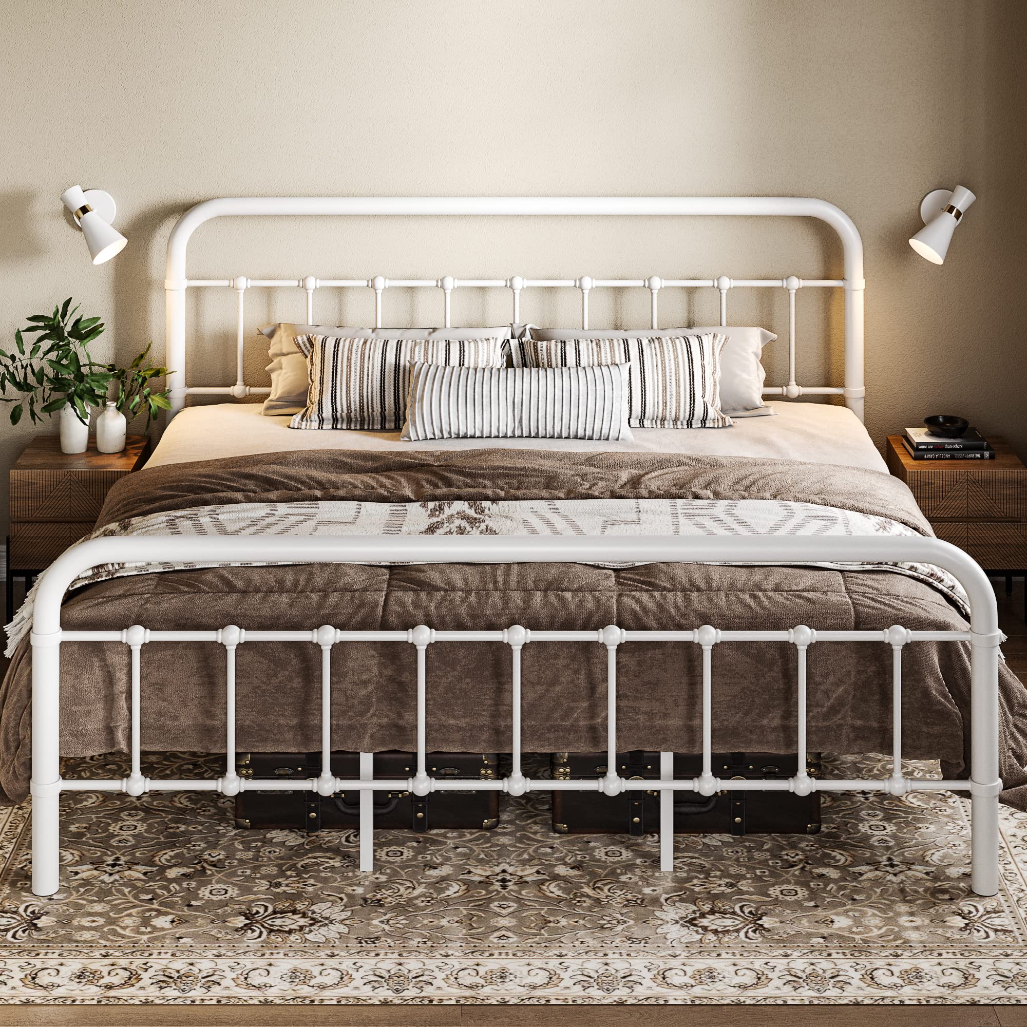Allewie King Size Metal Platform Bed Frame with Victorian Style Wrought Iron-Art Headboard/Footboard, No Box Spring Required,Whi