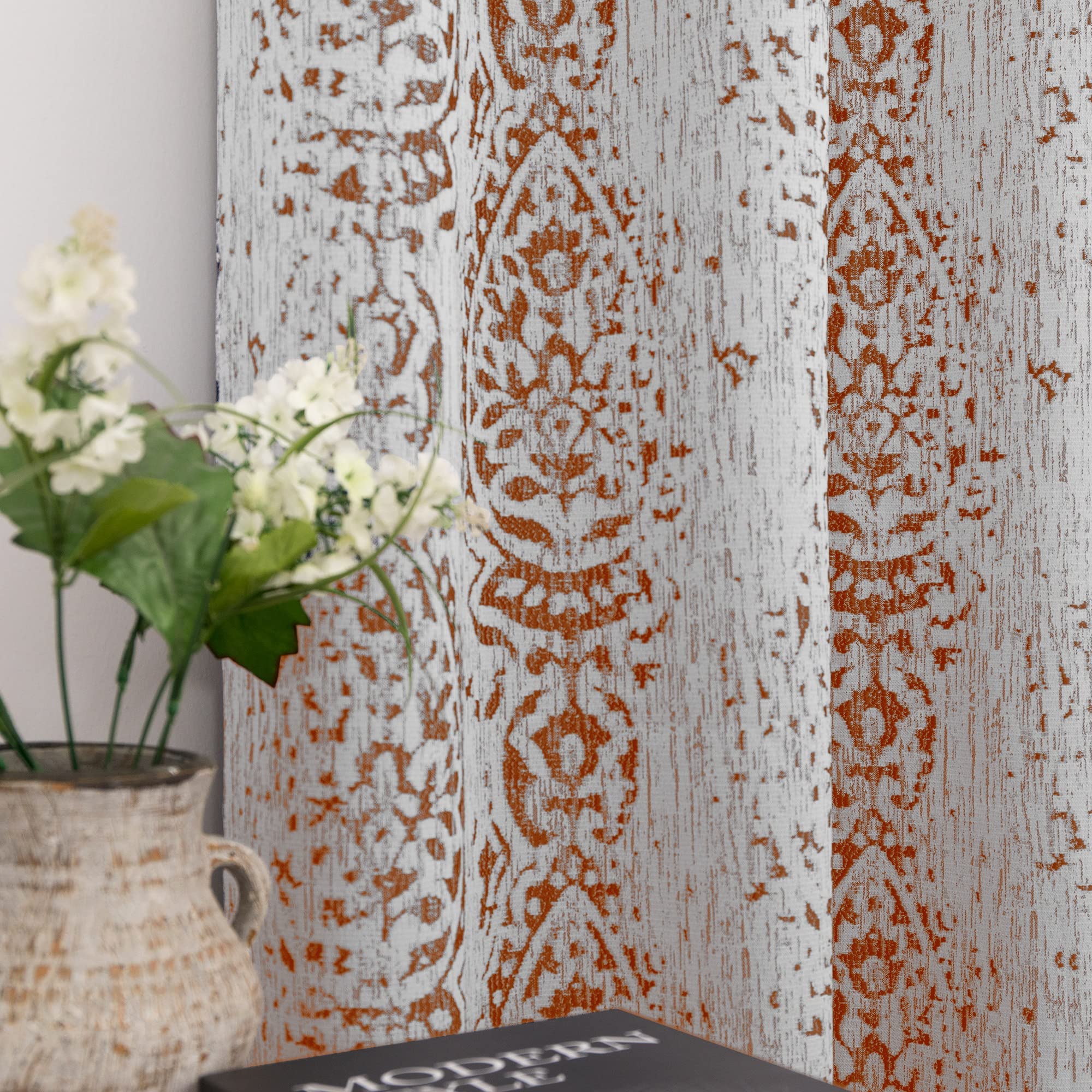 Mrs.Naturall Rusty Orange Curtains 63 Inch Length for Bedroom 2 Panels Grommet Burnt Orange Medallion Patterned Damask Moroccan 