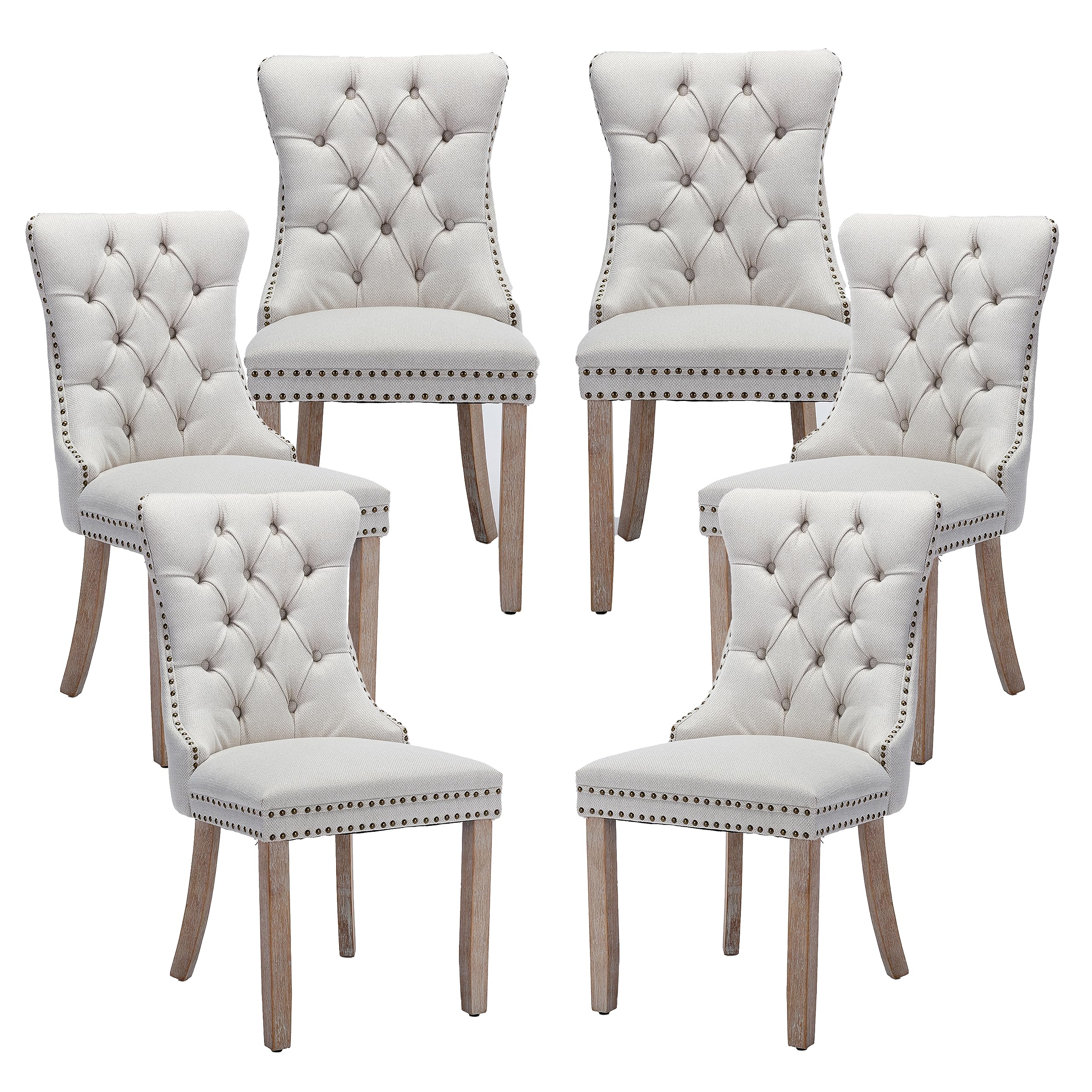 LKTART Upholstered Dining Chairs Set of 6 with Button Tufted, Linen Chair with Solid Wood Legs for Dining Room, Living Room, Bed