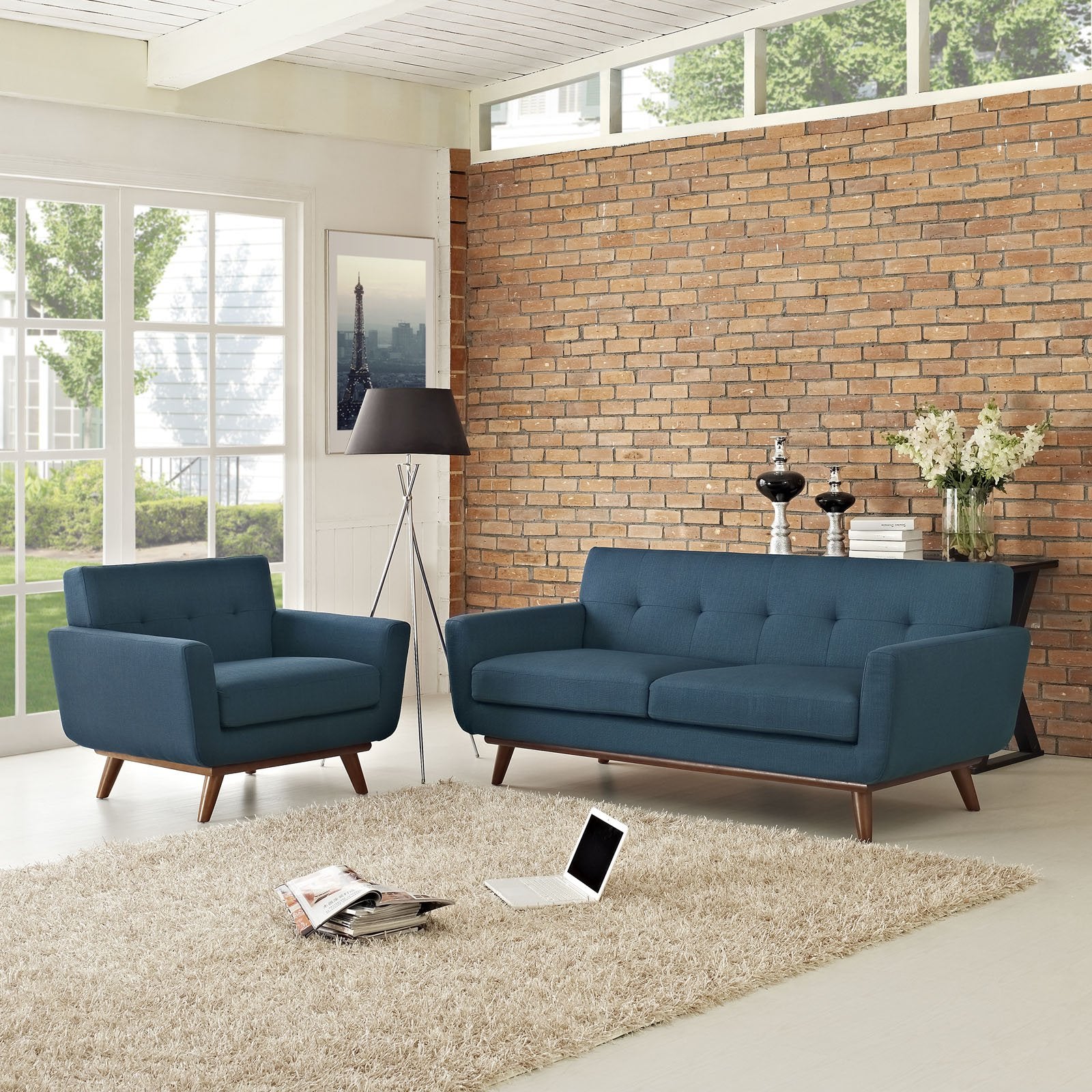 Modway Engage Mid-Century Modern Upholstered Fabric Armchair and Loveseat in Azure
