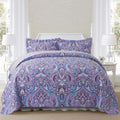 NEWLAKE Cotton Bedspread Quilt Sets-Reversible Patchwork Coverlet Set, European Purple Floral Pattern, California King Size