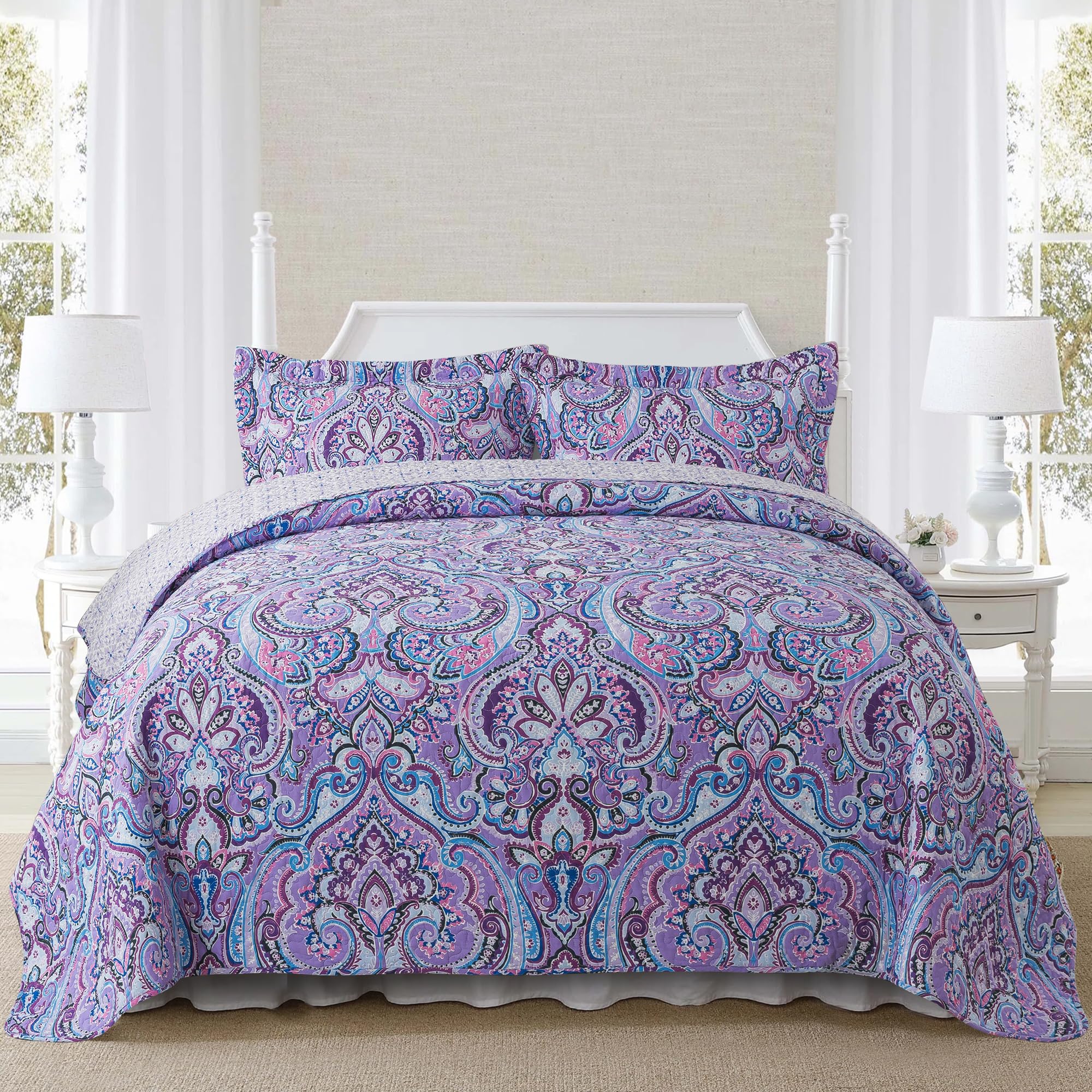 NEWLAKE Cotton Bedspread Quilt Sets-Reversible Patchwork Coverlet Set, European Purple Floral Pattern, California King Size