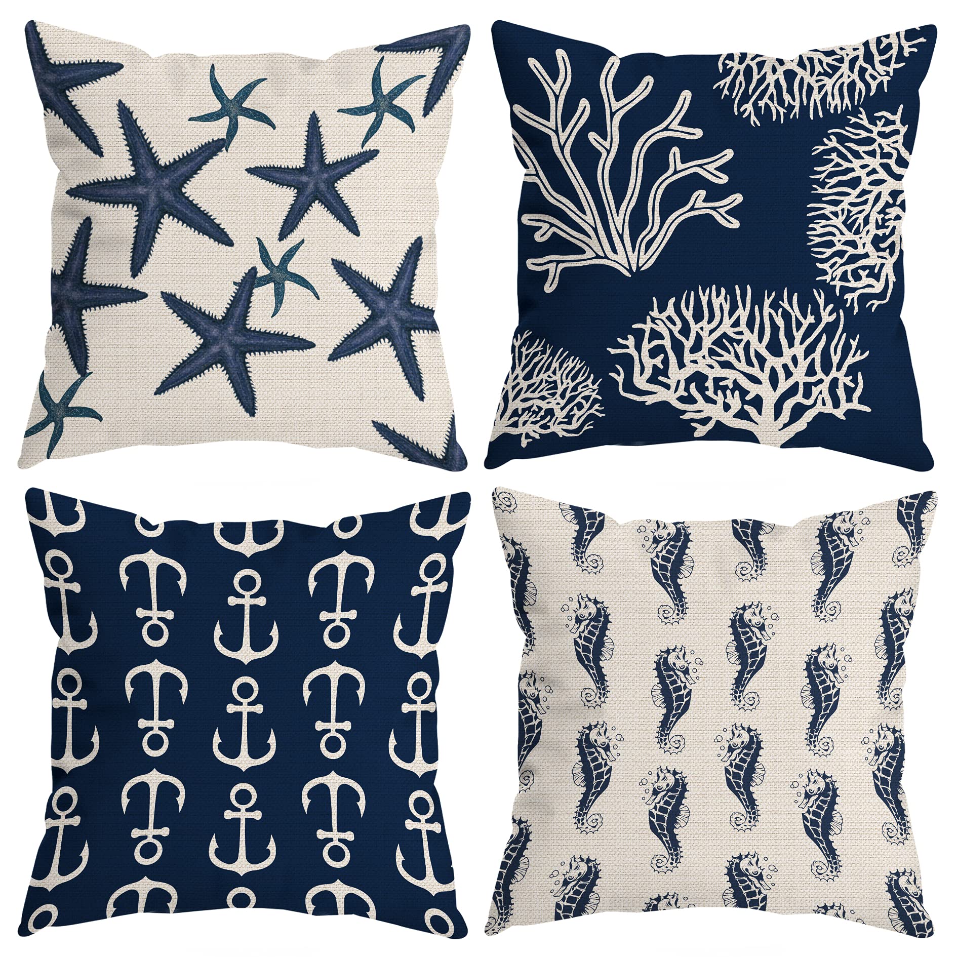 HUYAW Navy Blue Nautical Ocean Starfish Coral Seahorse Anchor Throw Pillow Covers, Ocean Nautical Gifts, Sea Animal Pillow Cases