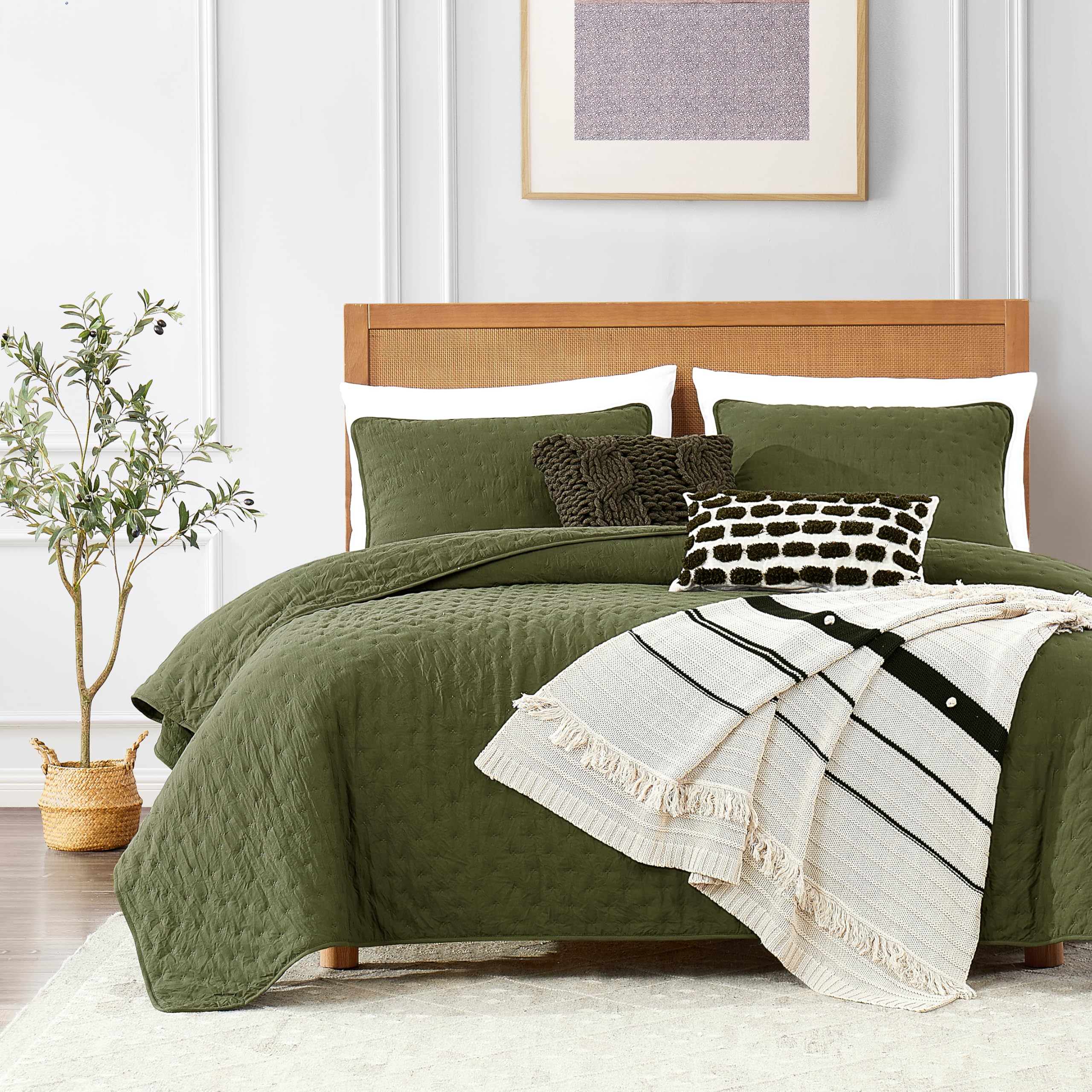 ROARINGWILD Green King Size Quilt Bedding Sets with Pillow Shams, Olive Lightweight Soft Bedspread Coverlet, Sage Quilted Blanke