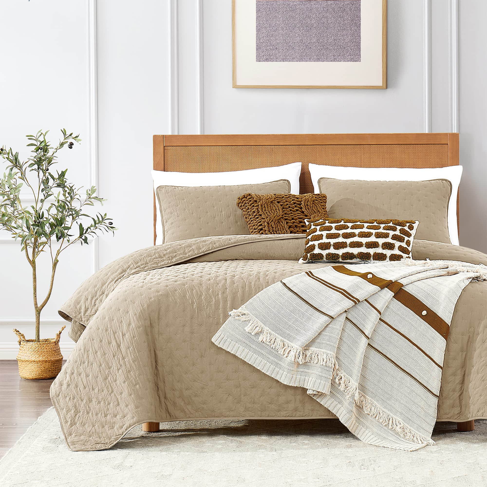 Beige King Size Quilt Bedding Sets with Pillow Shams, Lightweight Soft Bedspread Coverlet, Quilted Blanket Thin Comforter Bed Co