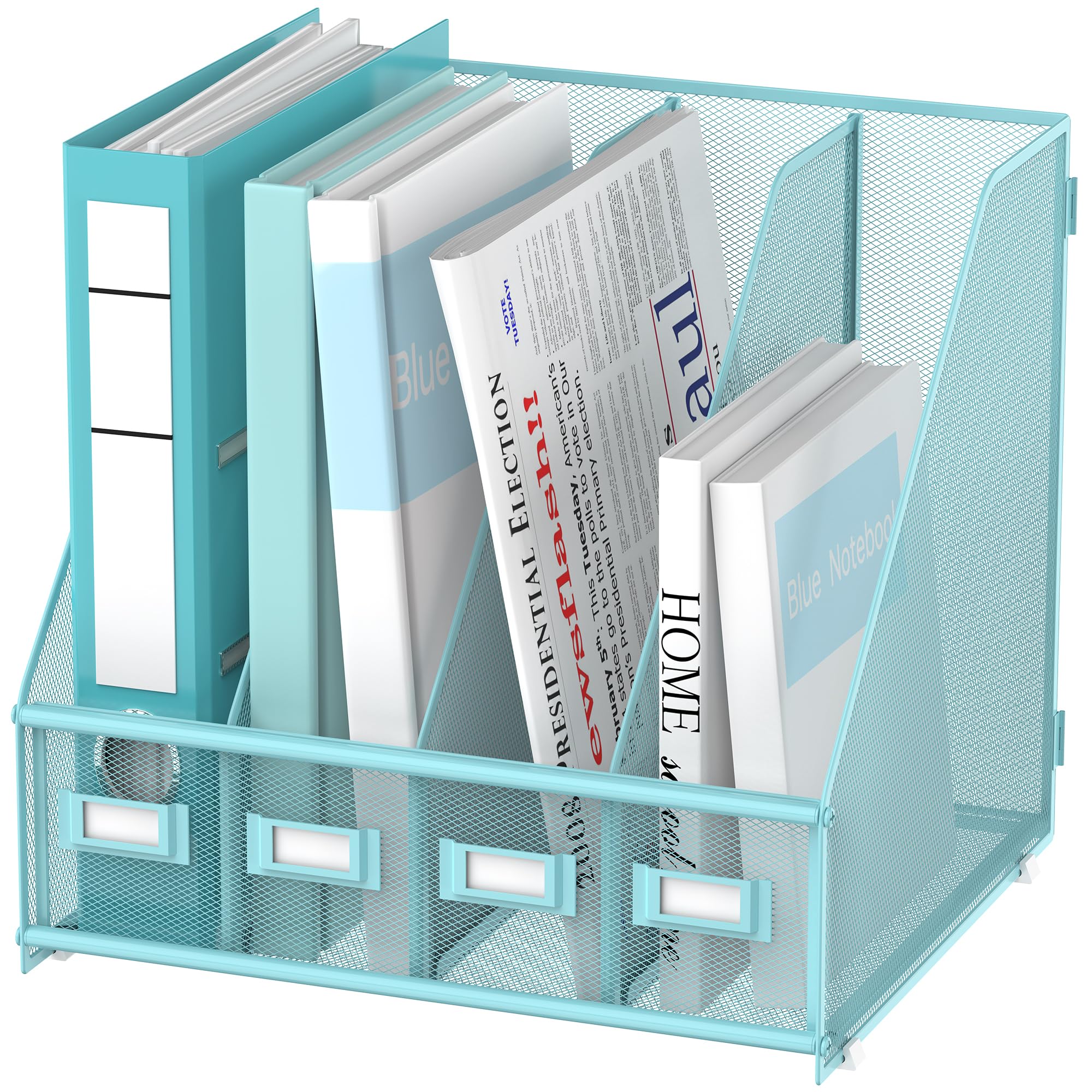 SUPEASY Magazine File Holder Desk Organizer, Metal Binder Holder with 4 Vertical Compartments for Office Home School, Blue