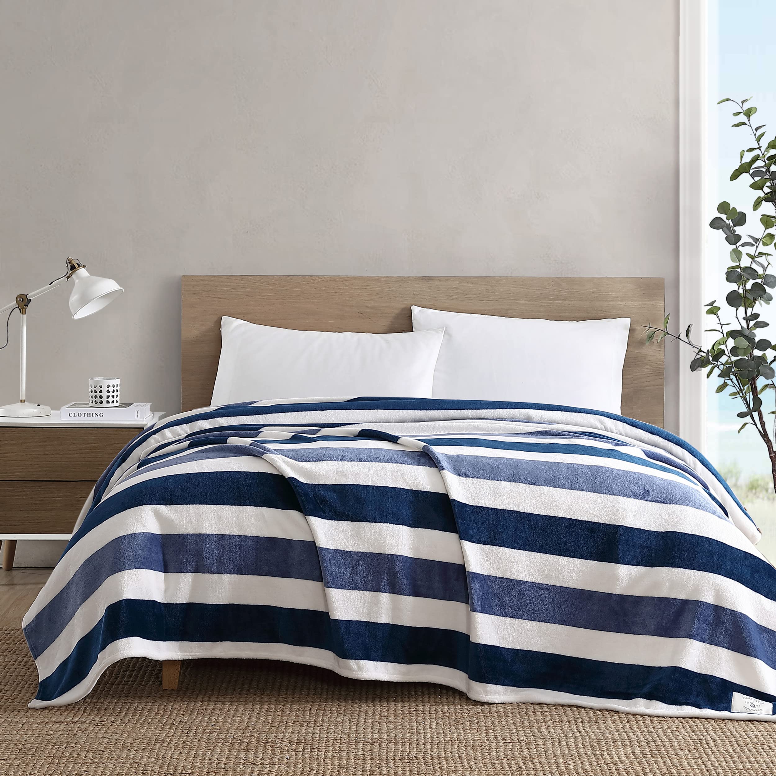 Nautica- King Blanket, Ultra Soft & Cozy Plush Home D  cor, All Season Bedding (Awning Stripe Navy, King)