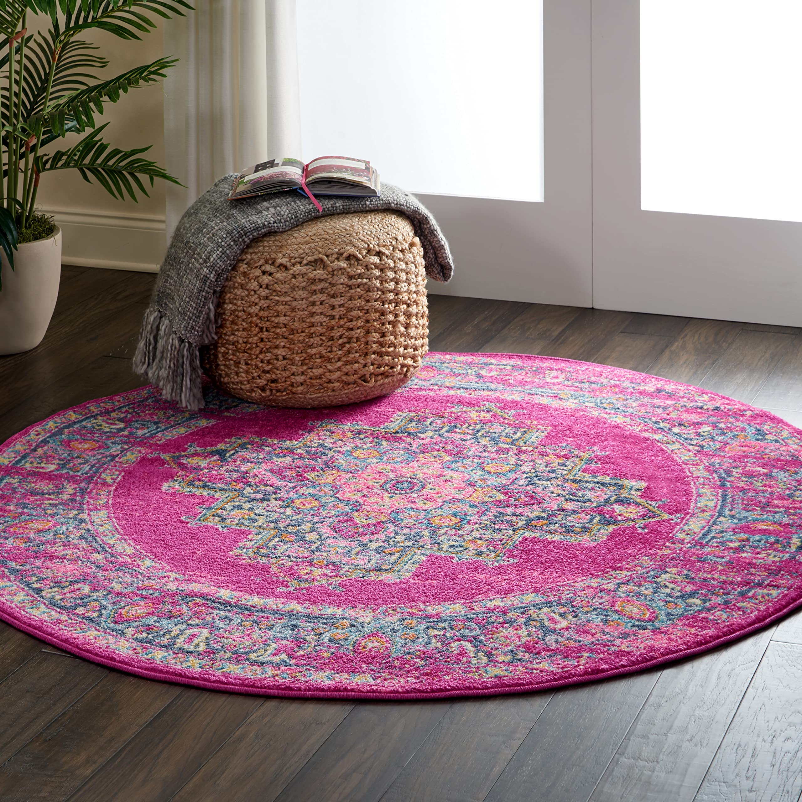 Nourison Passion Fuchsia 53 x Round Area Rug, Boho, Traditional, Easy Cleaning, Non Shedding, Bed Room, Living Room, Hallway, (
