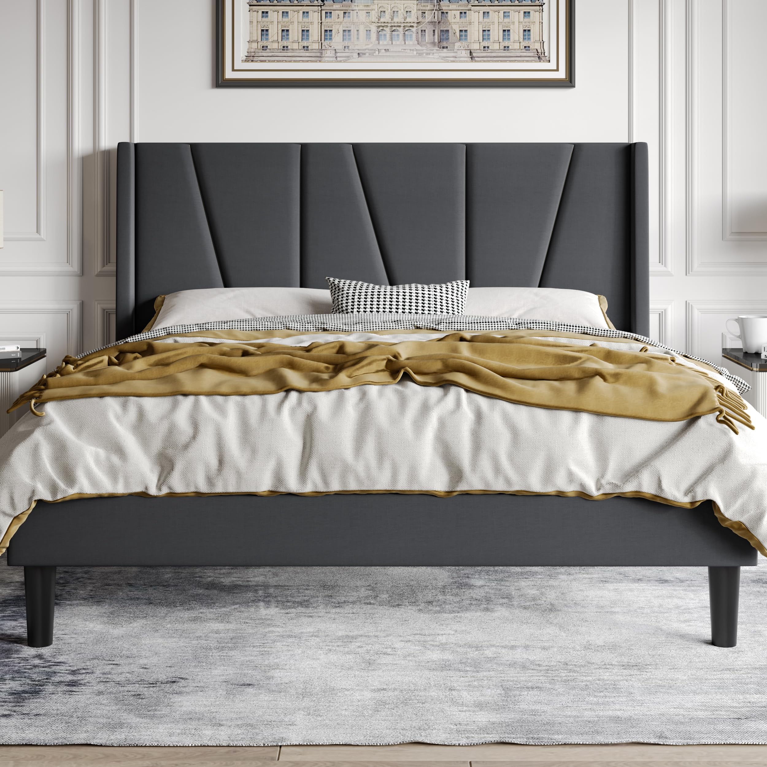 HOOMIC Full Size Upholstered Platform Bed Frame with Modern Geometric Wingback Headboard, Wooden Slats, No Box Spring Needed, Ma