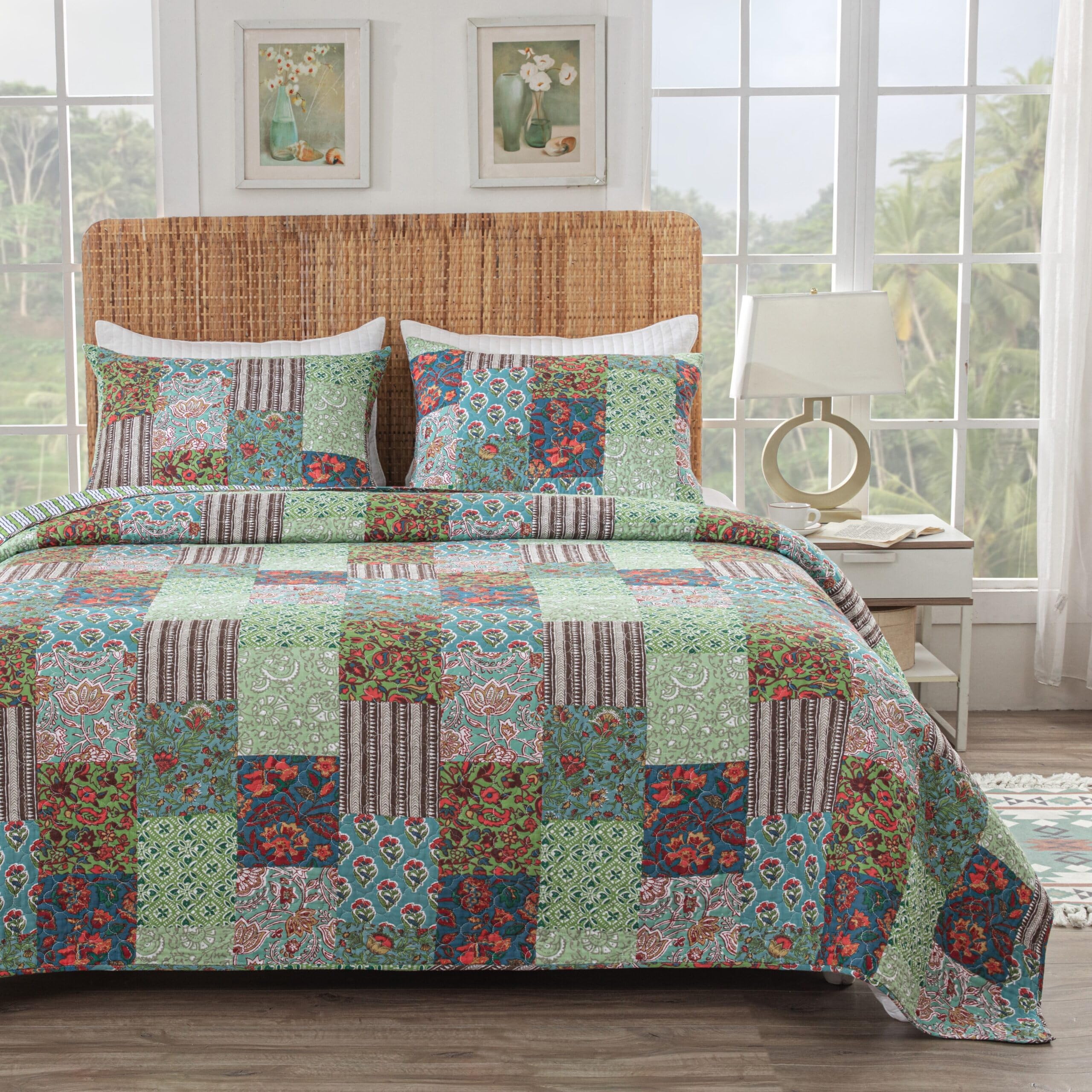 Greenland Home Jasmin Boho Style Oversized Quilt and Pillow Sham Set, King/Cal King (3-Piece), Jade