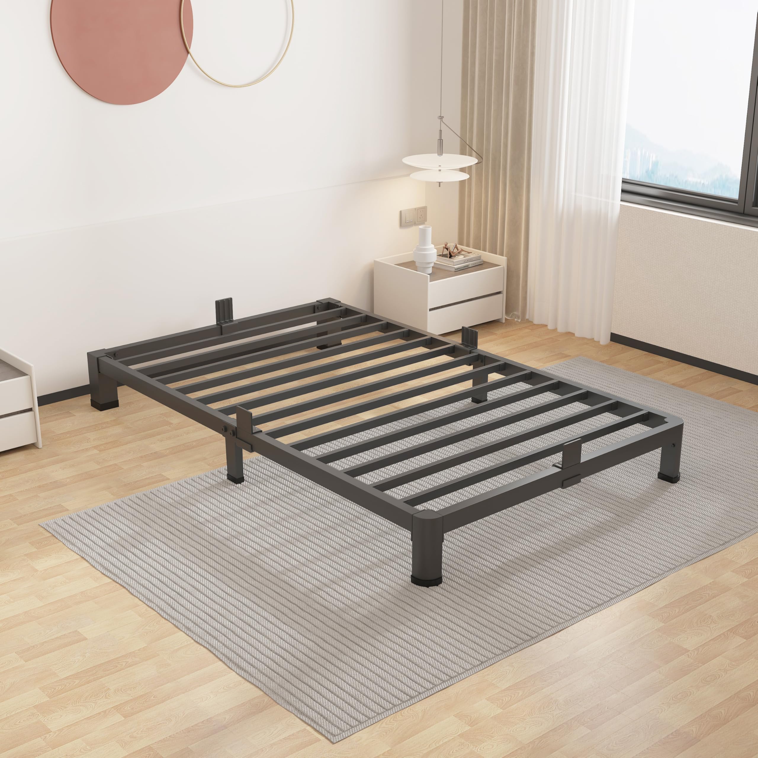 ROIL 4 inch Twin Bed Frames with Round Corner Legs Mattress Retainers 3500LBS Heavy Duty Steel Slats No Box Spring Needed Platfo
