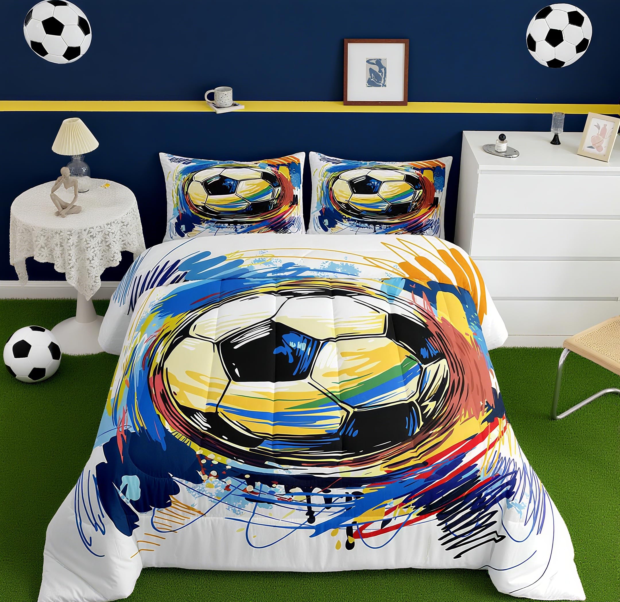 Feelyou Boys Soccer Bedding Set Full Size Football Sport Comforter Set for Kids Graffiti Style Duvet Set White Colorful Quilt Se