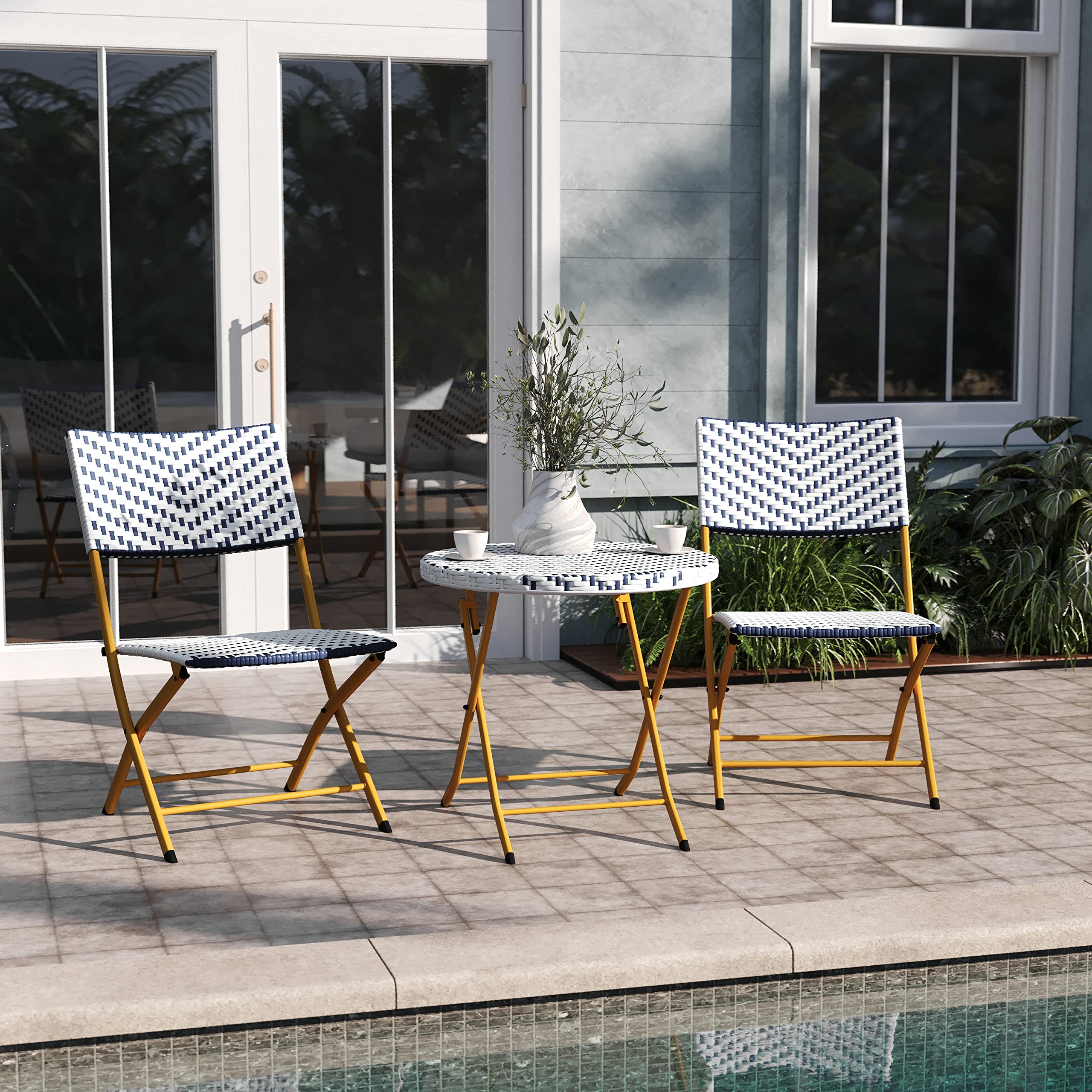 EMMA + OLIVER Ciel Three Piece Folding Bistro Set - Navy and White PE Rattan - Natural Finish Metal Frames - Indoor/Outdoor Use