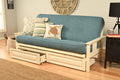 Kodiak Furniture Monterey Futon Set with Storage Drawers, with Antique White Base and Linen Aqua Mattress