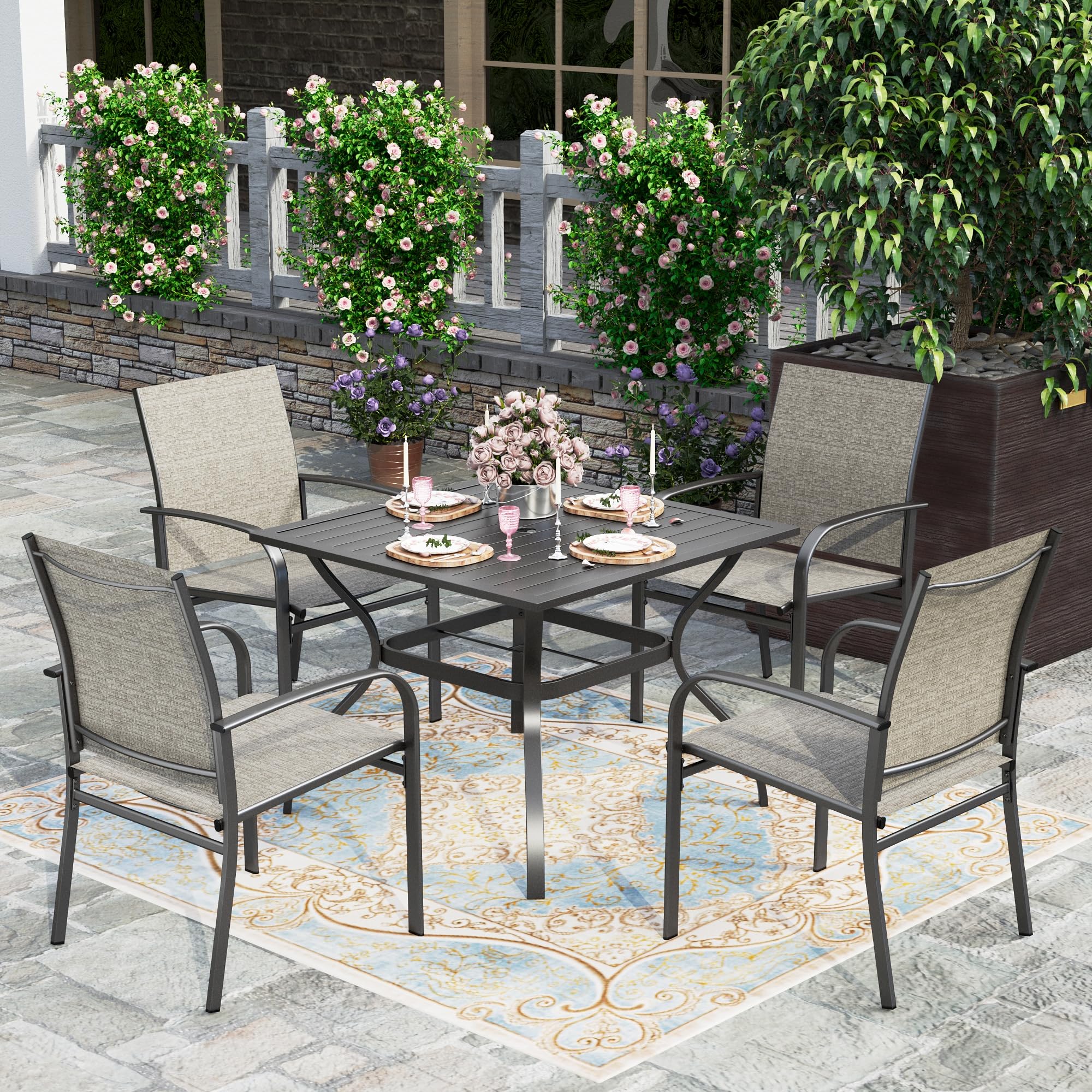 HERAS HOUSE 5 Pieces Patio Dining Set, Outdoor Table and Chairs Set for 4, 4 x Brown Textilene Dining Chair, 37 Square Metal Di