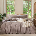 MooMee Bedding Duvet Cover Set 100% Washed Cotton Linen Like Textured Breathable Durable Soft Comfy (Heathered Mauve Brown, Supe