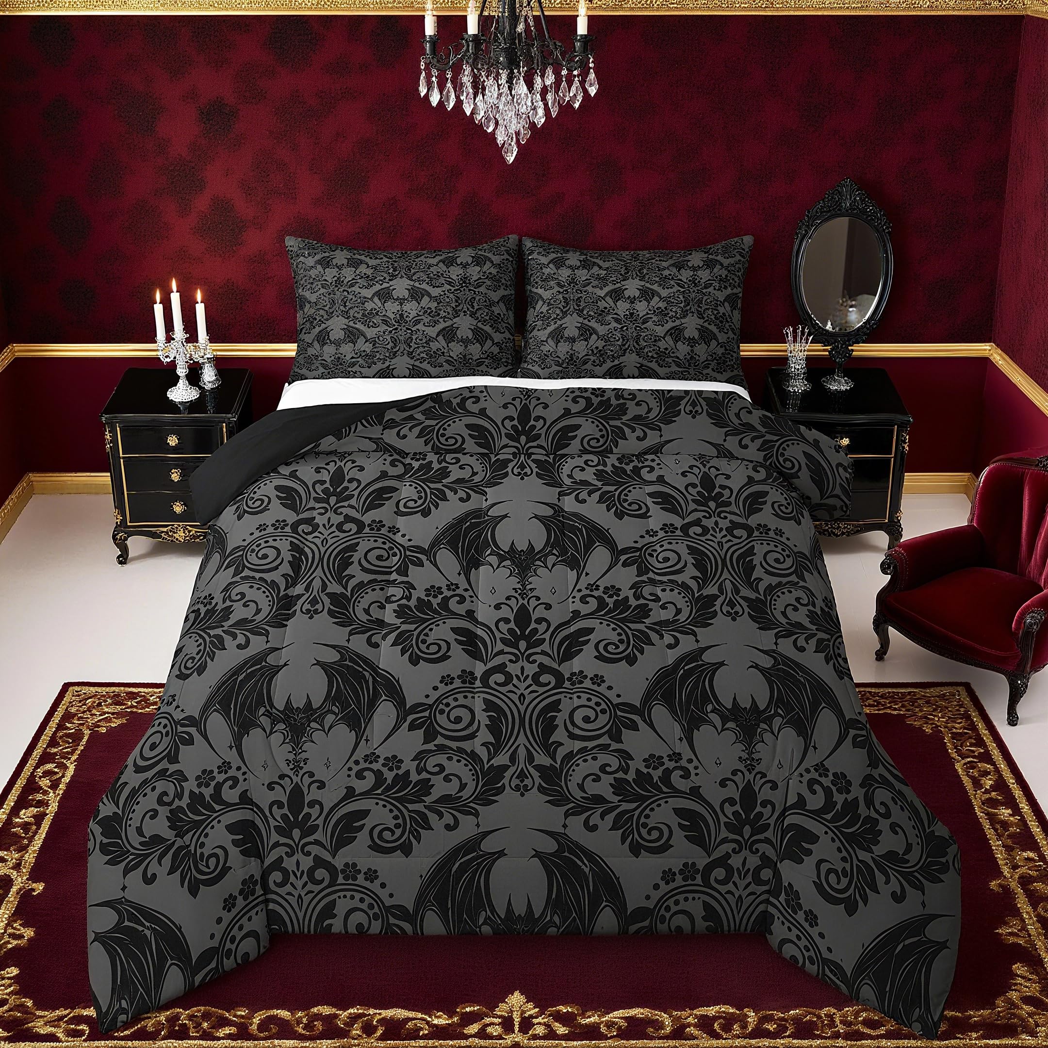Feelyou Adults Gothic Comforter Set King Size Dark Olive Green Damask Comforter Bat Bohemia Boho Bedding Set Goth Duvet Set Vint