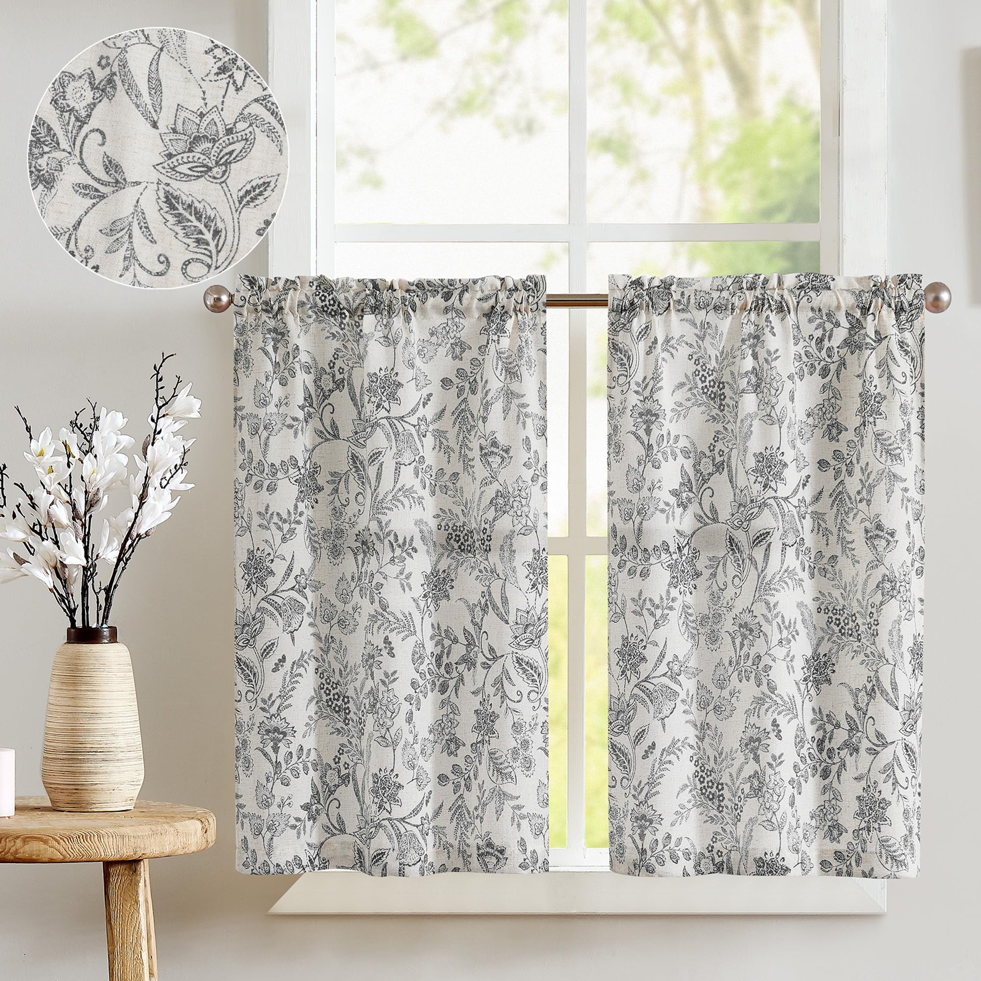 jinchan Floral Kitchen Curtains for Windows 45 Inch Linen Tier Farmhouse Cafe Curtains Country Botanic Small Window Rod Pocket R
