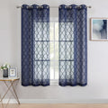 Bujasso Navy Blue Sheer Curtains 54 inch Embroidery Geometric Light Filtering Short Curtain Panels for Living Room Kitchen Moder