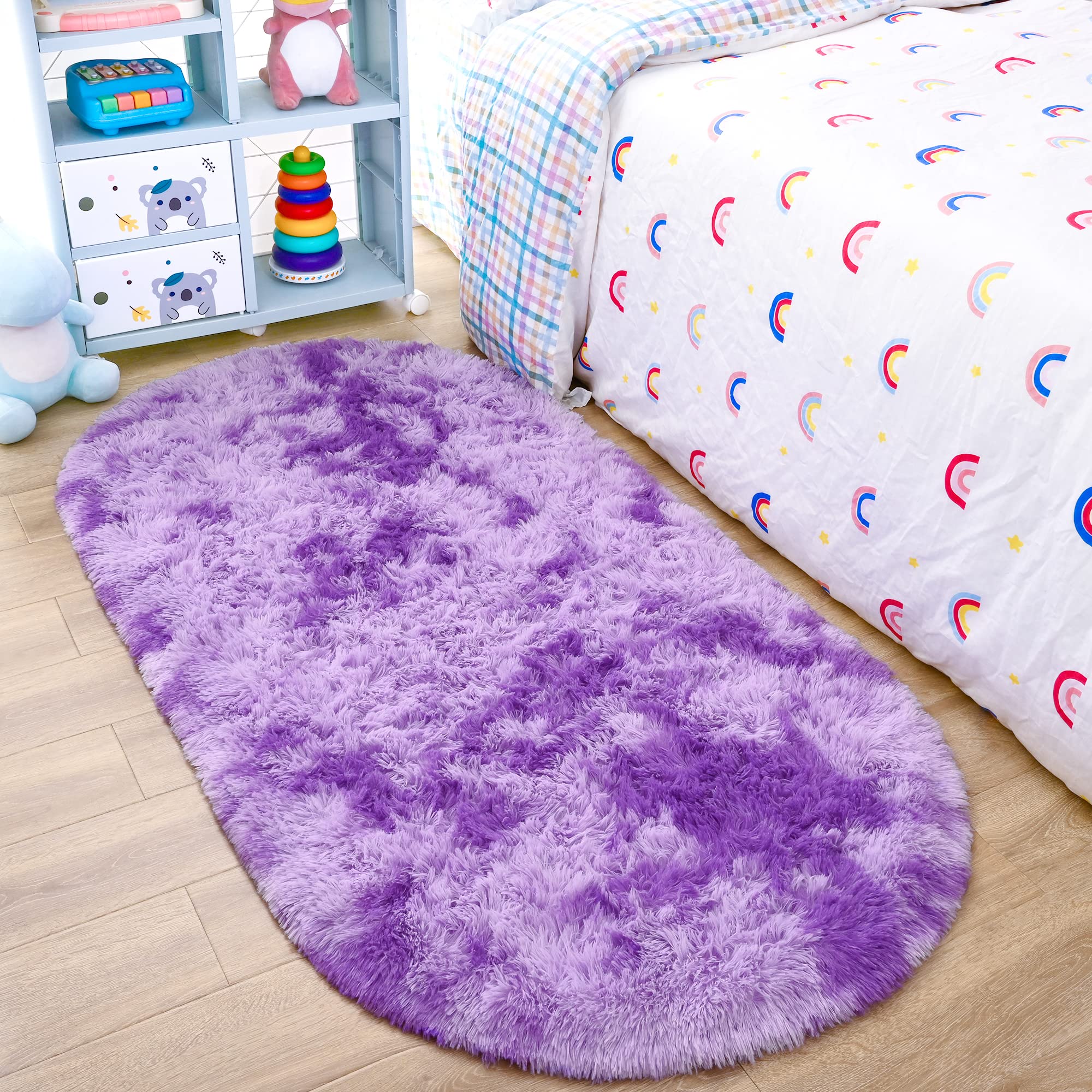 Noahas Oval Fluffy Purple Rug 2.6X5.3 Small Kids Rugs for Bedroom Girls And Boys Aesthetic,Bedside Bedroom Rug,Ultra Soft Runner