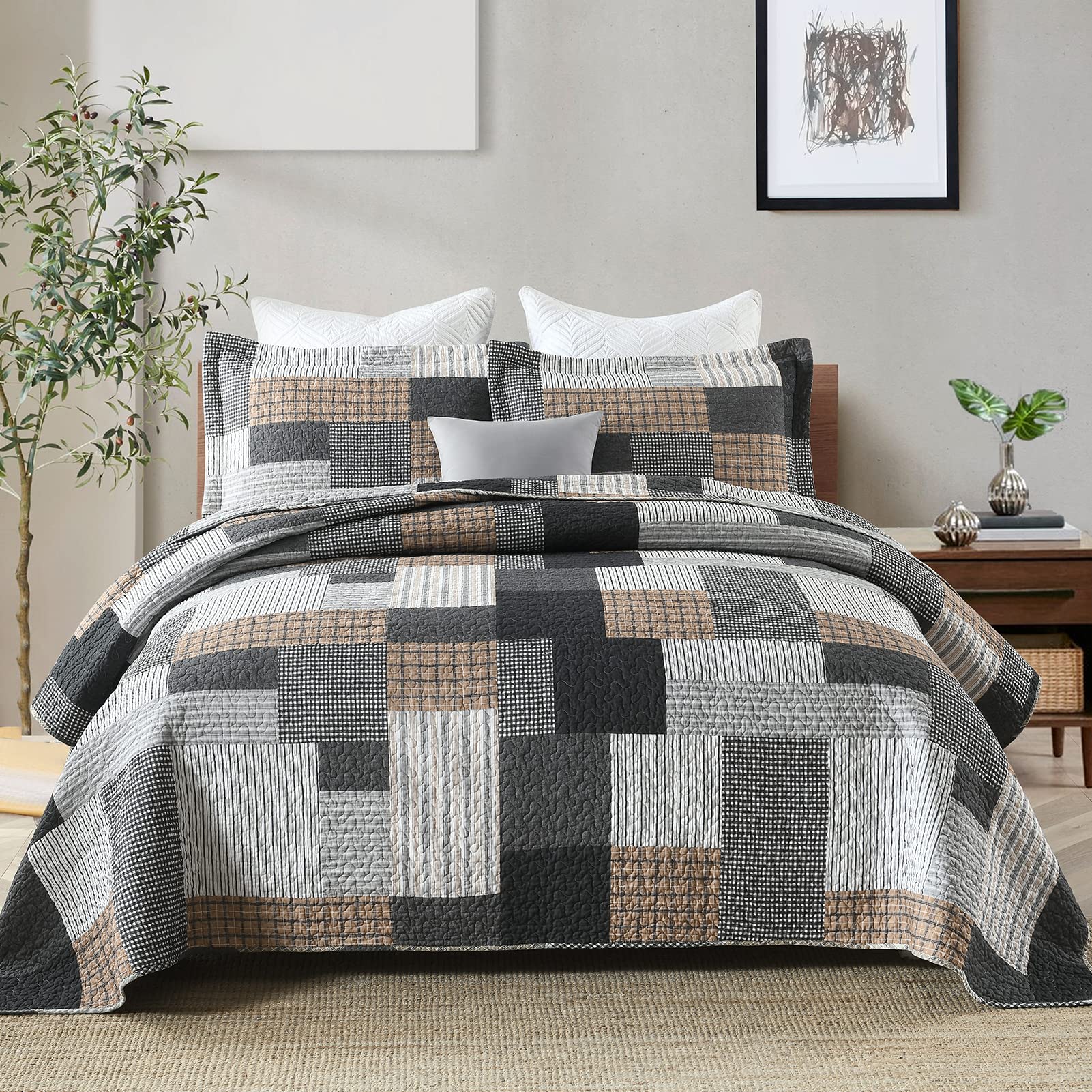 SahSahCasa Quilt King Size, King Quilt Set, 100% Cotton King Quilt Bedding Set Bedspread, Farmhouse Patchwork Quilt, Plaid Rever