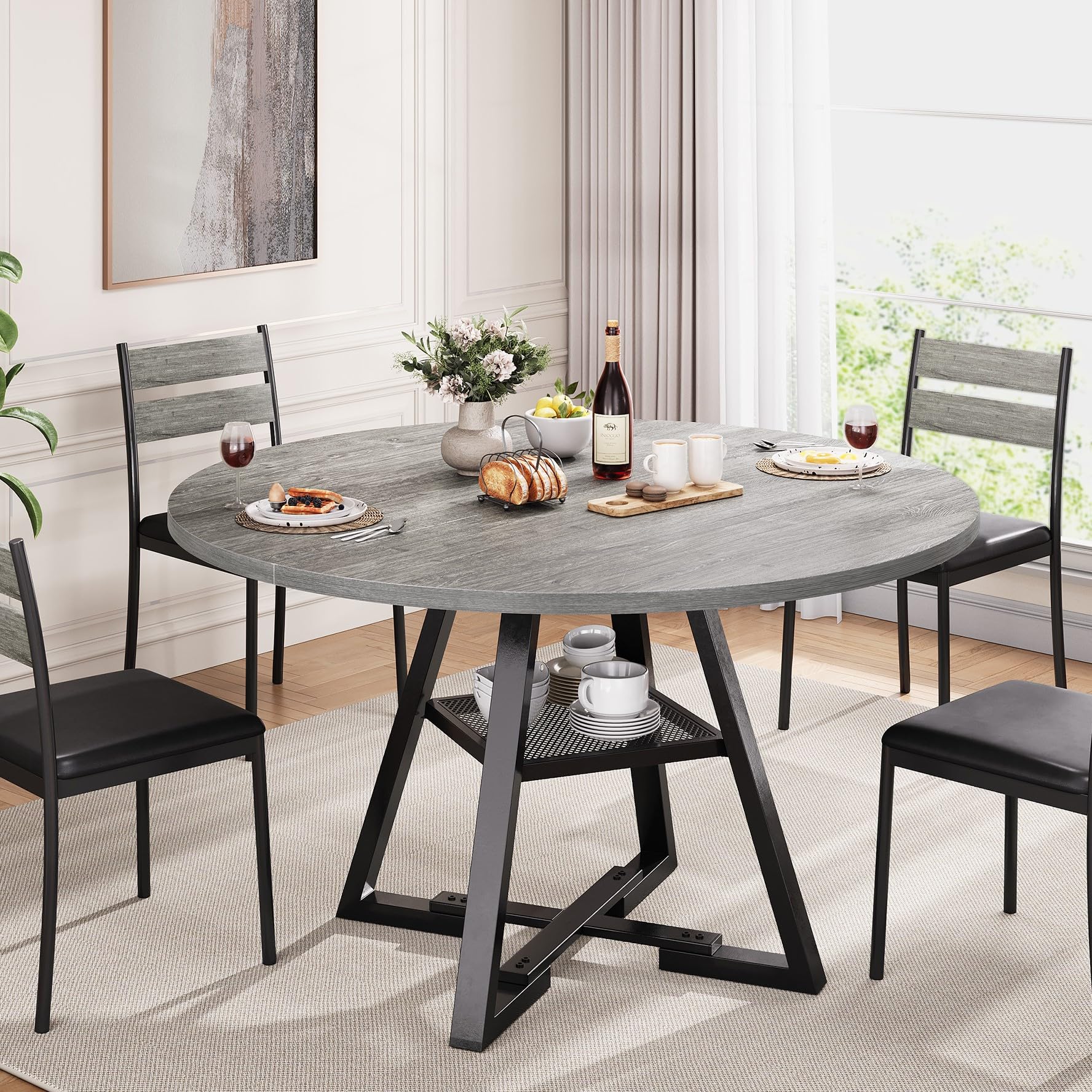 Jocoevol 51 Round Dining Table for 6,Kitchen Dining Room Circle Dinner Pedestal Table,Space Saving Wood Kitchen & Dining Room Fu