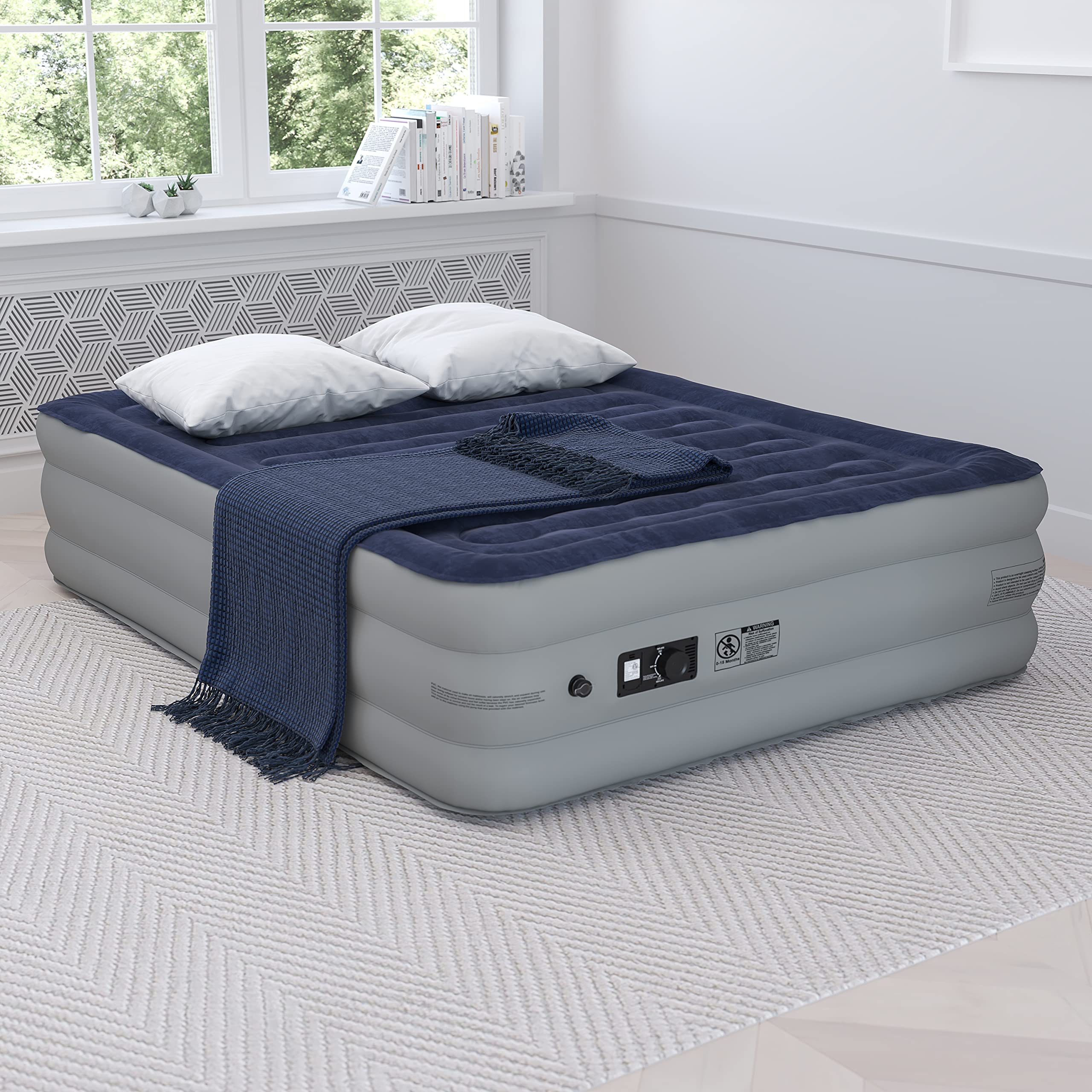 Flash Furniture Kellos 18 inch Air Mattress with ETL Certified Internal Electric Pump and Carrying Case - Queen Blue