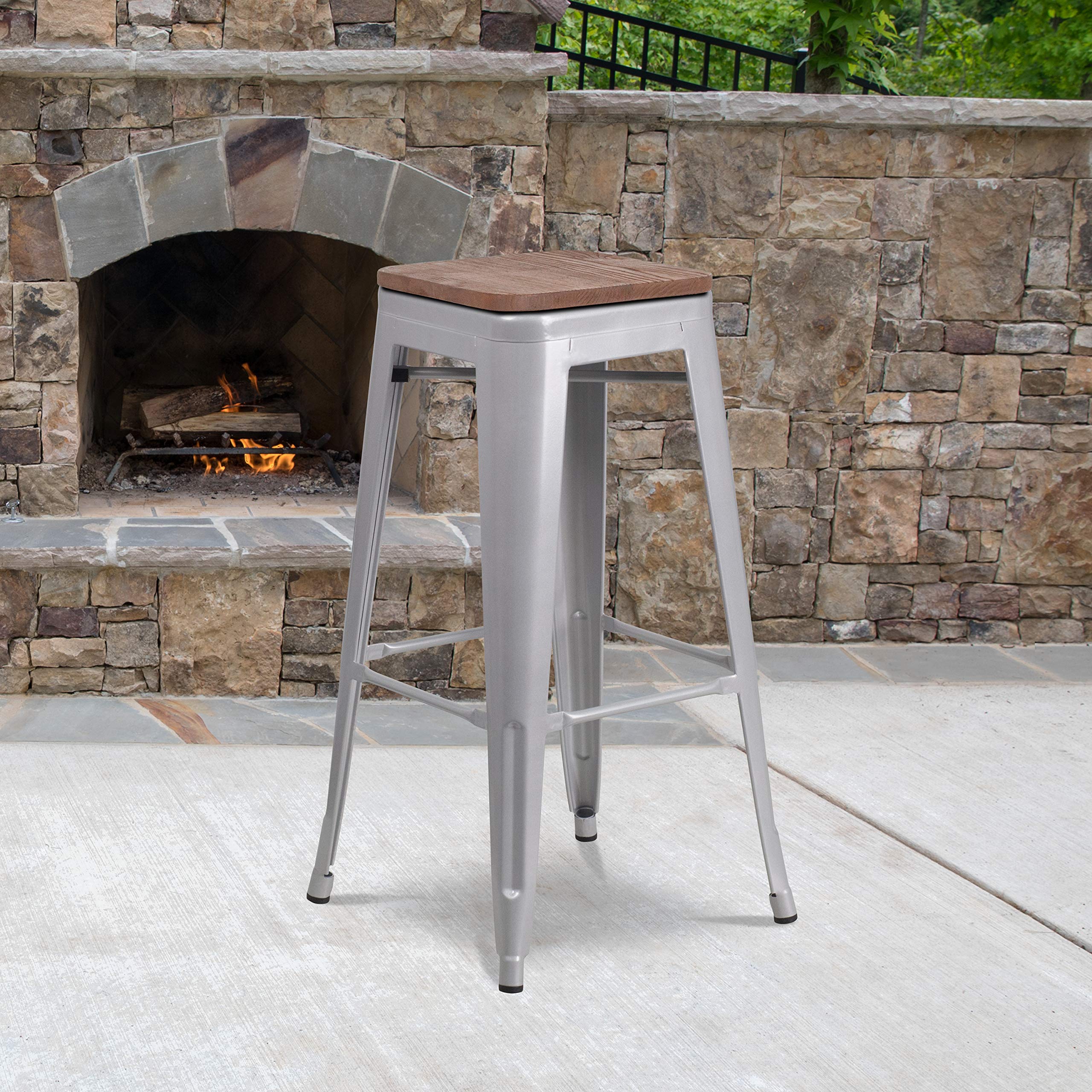 Flash Furniture Lily 30 High Backless Silver Metal Barstool with Square Wood Seat