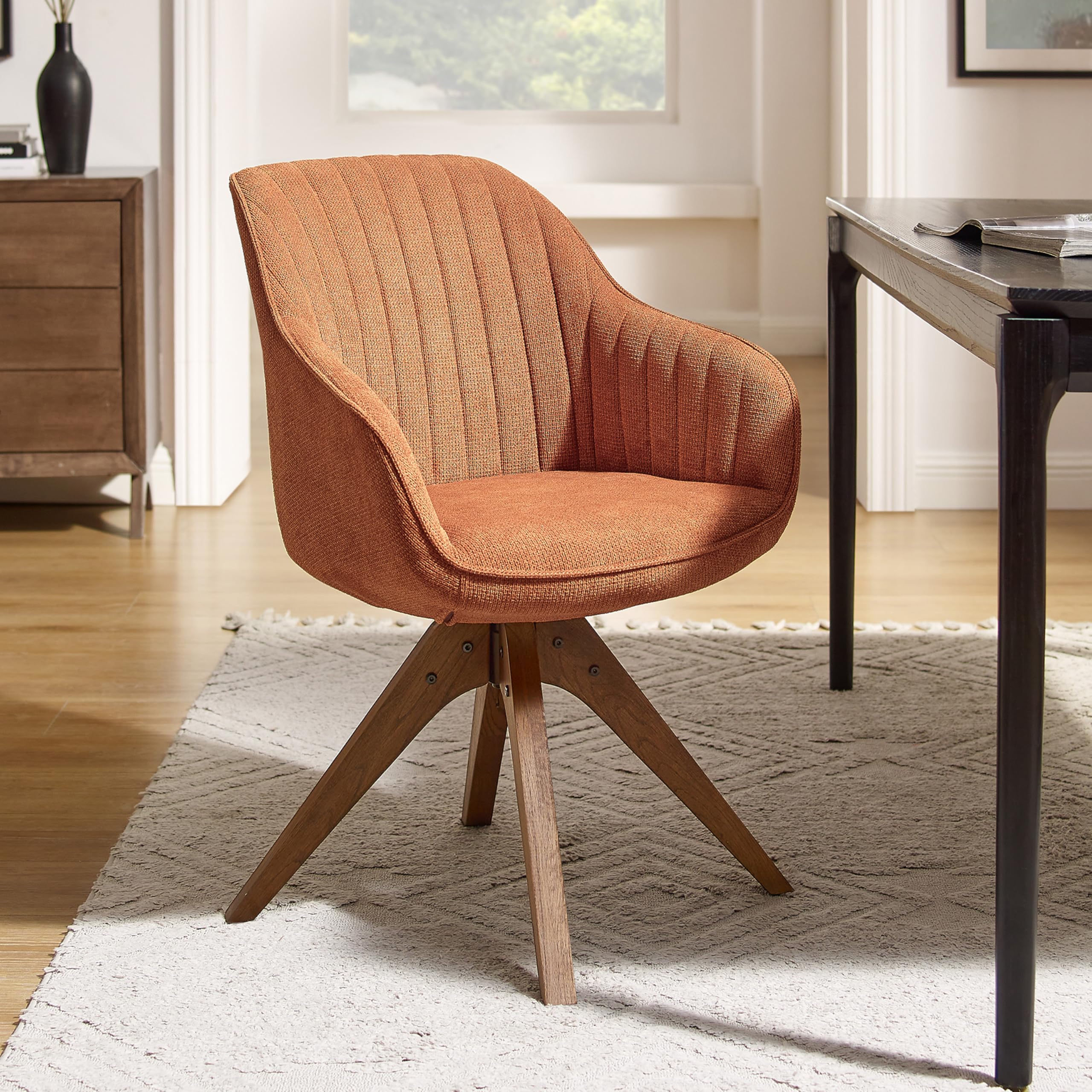 Art Leon Desk Chair No Wheels, Mid Century Modern Office Chair, Swivel Accent Chair with Oak Wood Legs, Fabric Upholstered Arm C