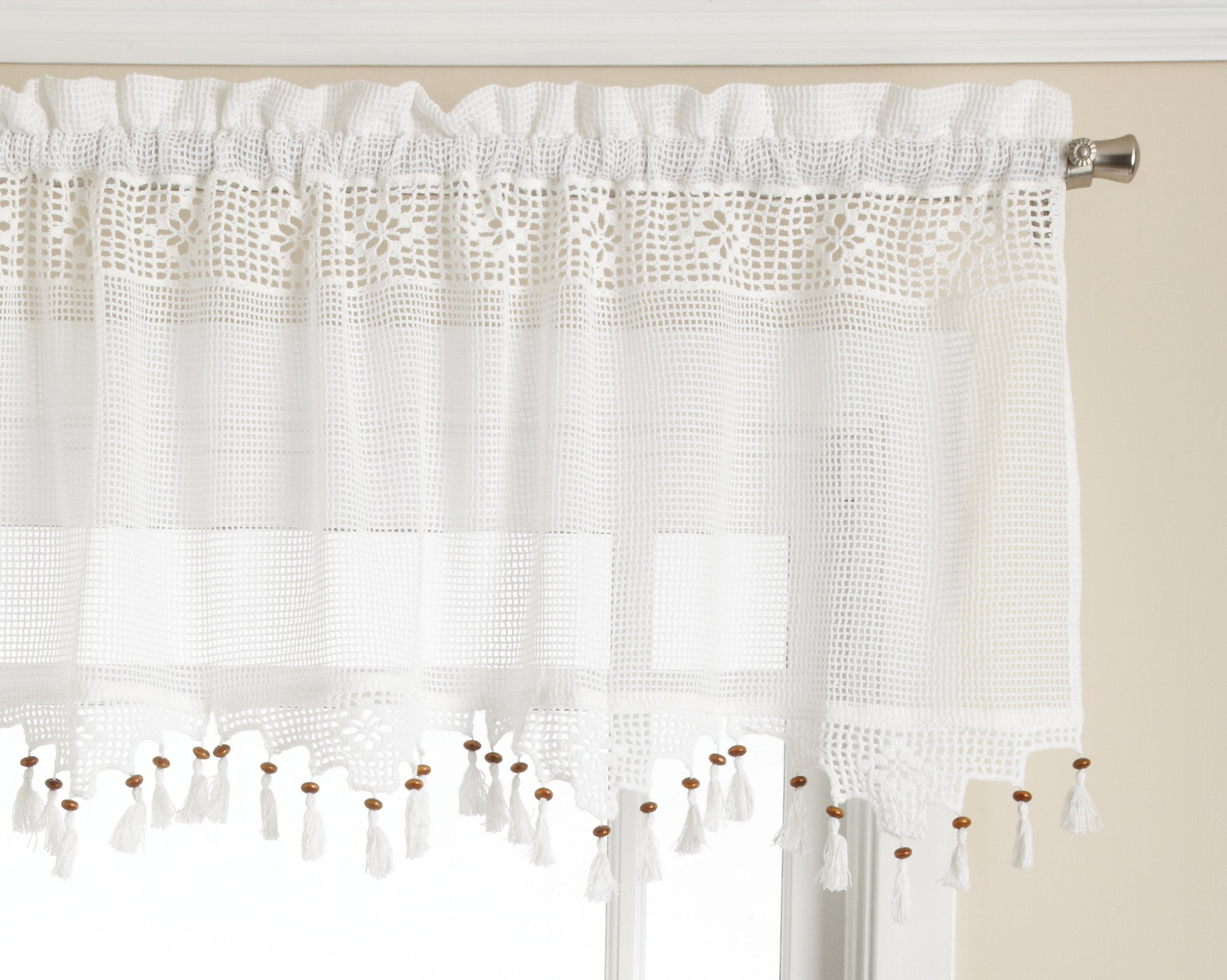 Todays Curtain Gettysburg Knitted 20-Inch Crochet with Beaded Tassel Valance, White