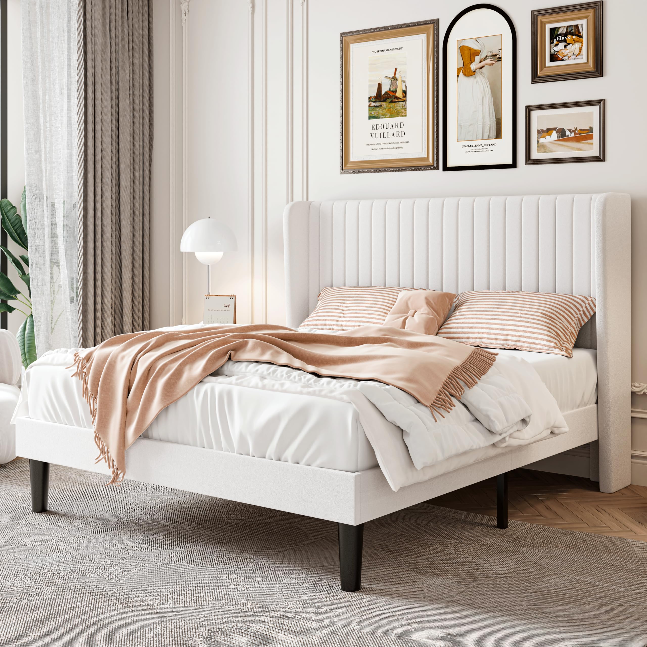 SHA CERLIN Queen Size Velvet Bed Frame with Vertical Channel Tufted Wingback Headboard, Upholstered Platform Bed with Wood Slats