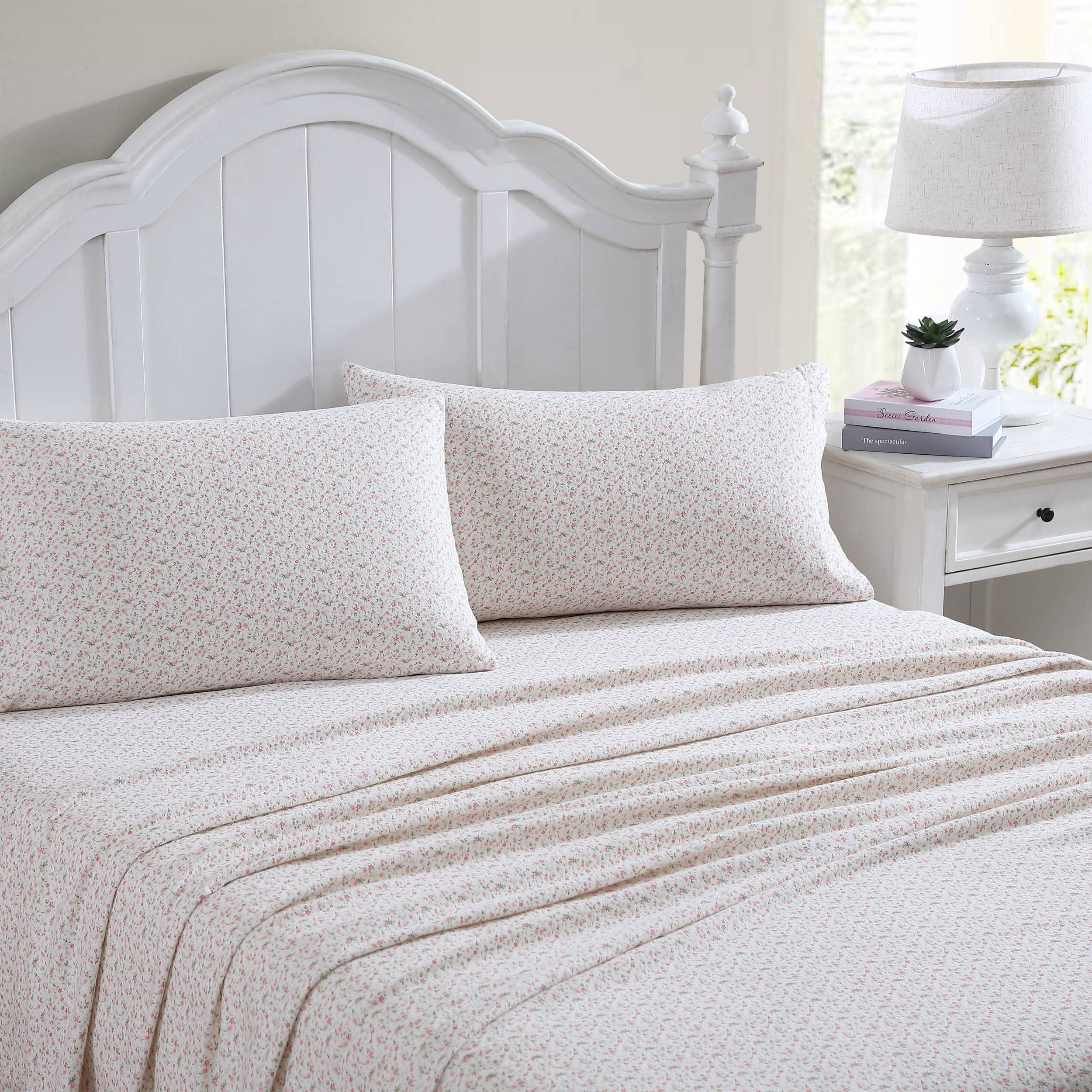 Laura Ashley Home - Queen Sheets, Cotton Flannel Bedding Set, Brushed for Extra Softness & Comfort (Chelsie Vine Grey, Queen)