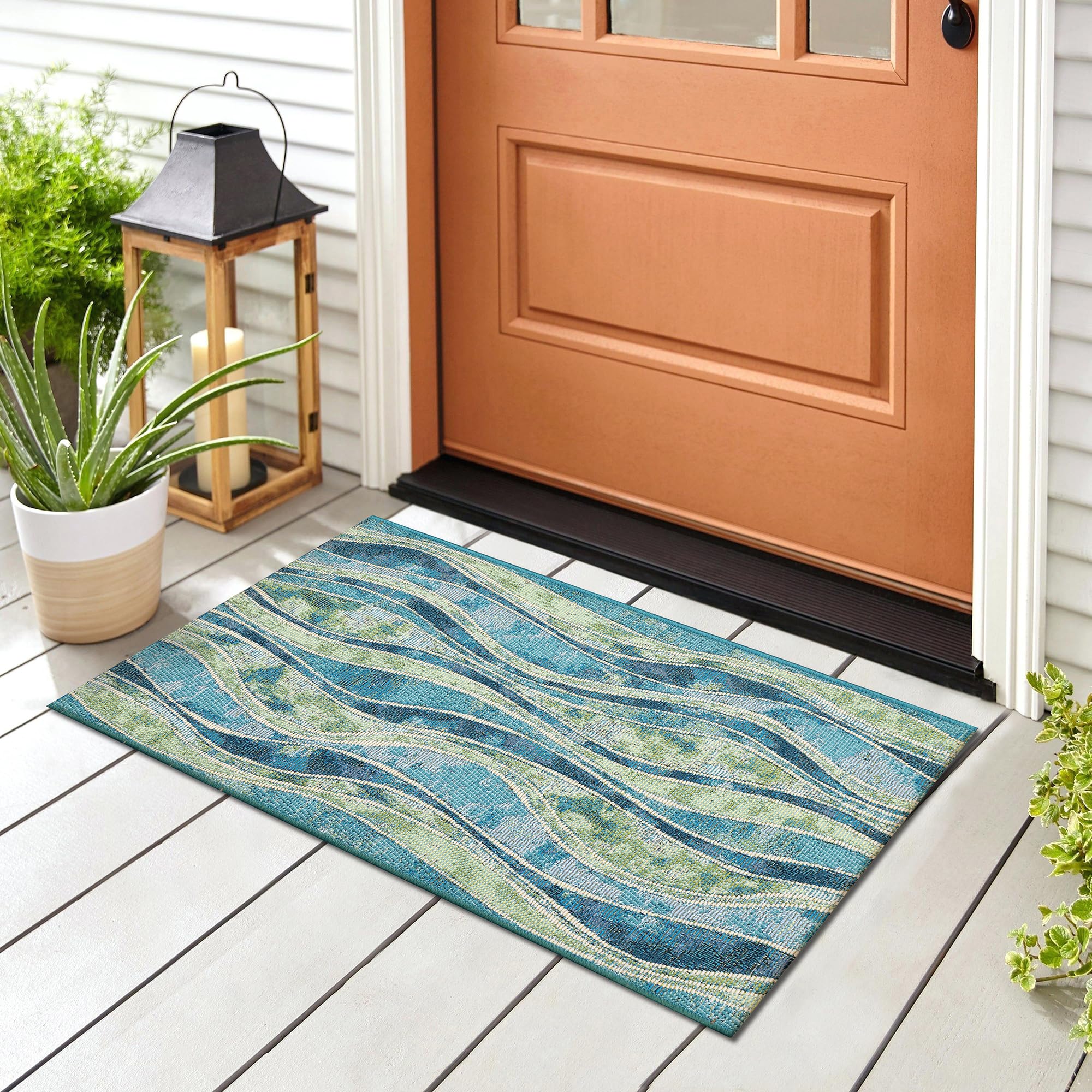 Liora Manne ESENCIA Indoor/Outdoor Power Loomed Latex Back Non Slip Mat - Contemporary Stripe Casual Ocean Colorful (Wave Ocean)