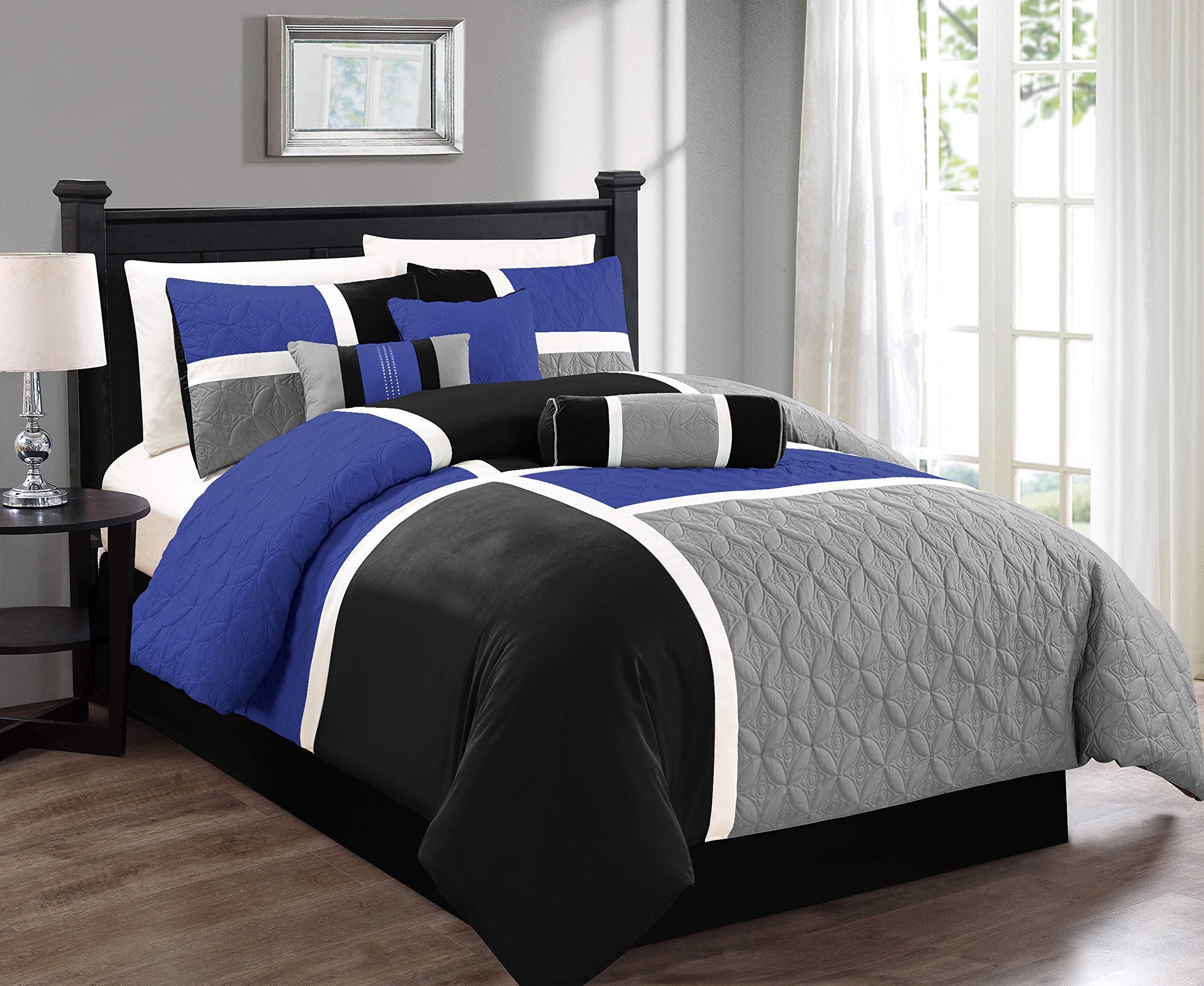 Chezmoi Collection 7-Piece Quilted Patchwork Comforter Set, Gray/Blue/Black, California King