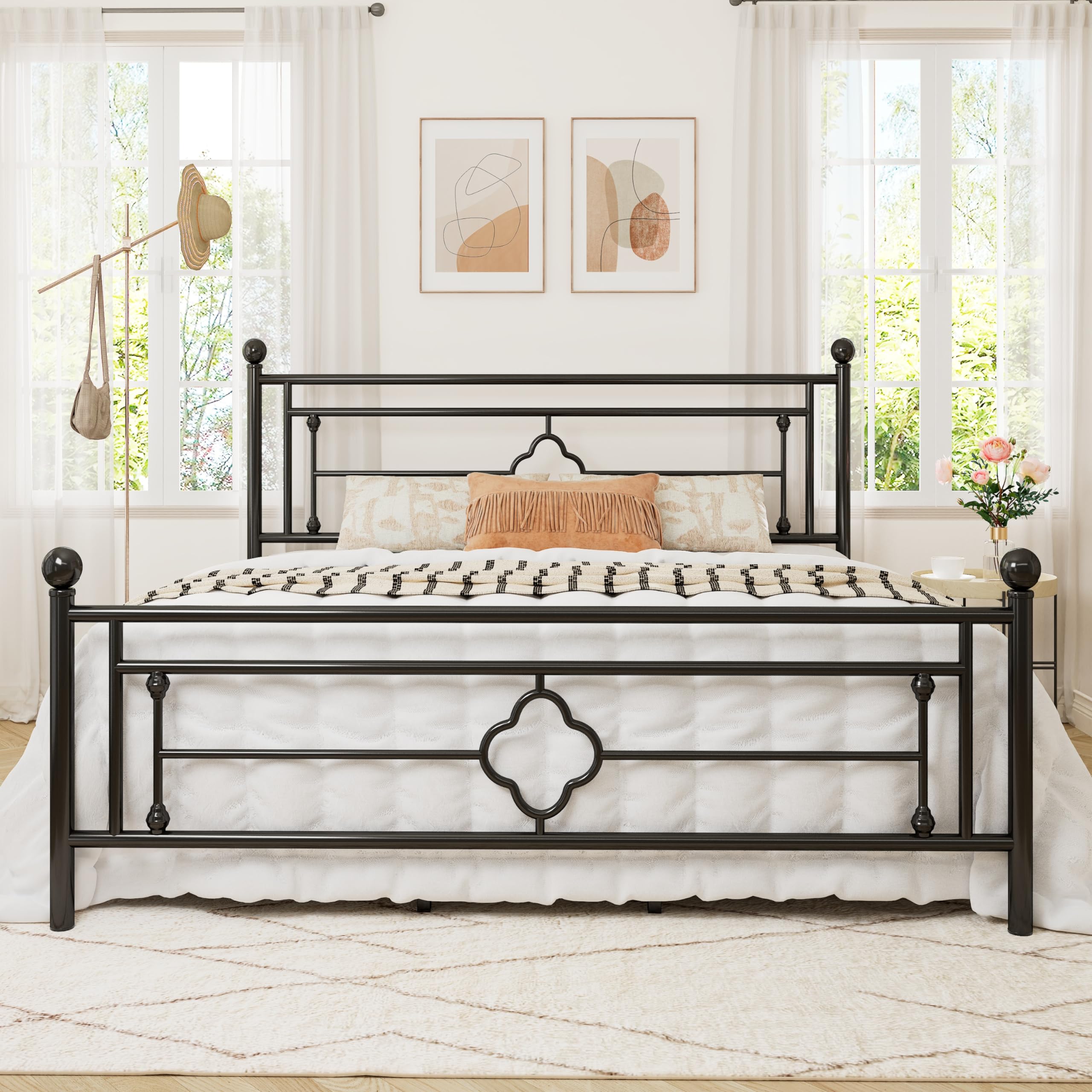 Allewie King Size Metal Platform Bed Frame with Victorian Vintage Headboard and Footboard/Mattress Foundation/Under Bed Storage/