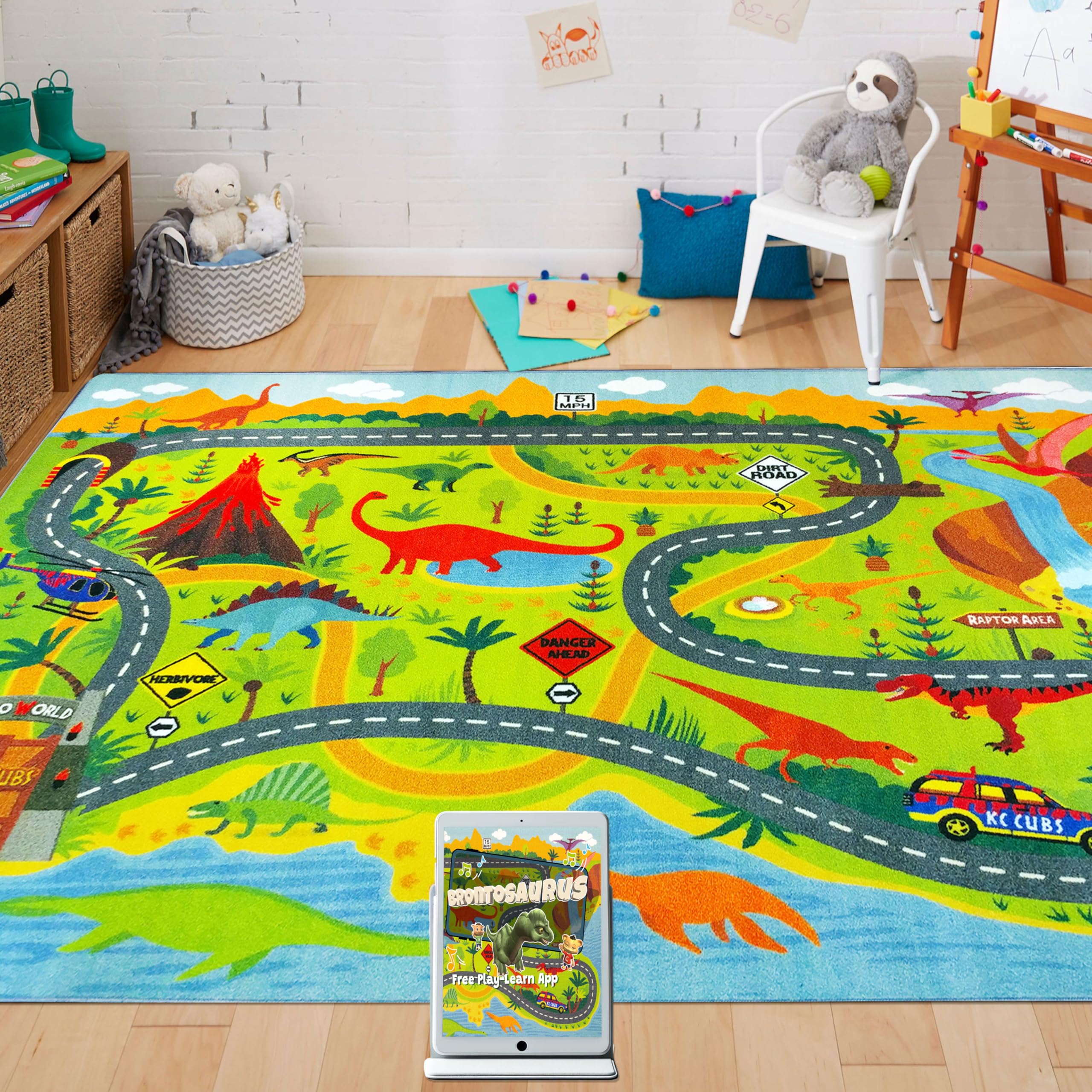 KC Cubs Playtime Collection Dinosaur Dino Safari Road Map Educational Learning & Game Area Rug Carpet for Kids and Children Bedr