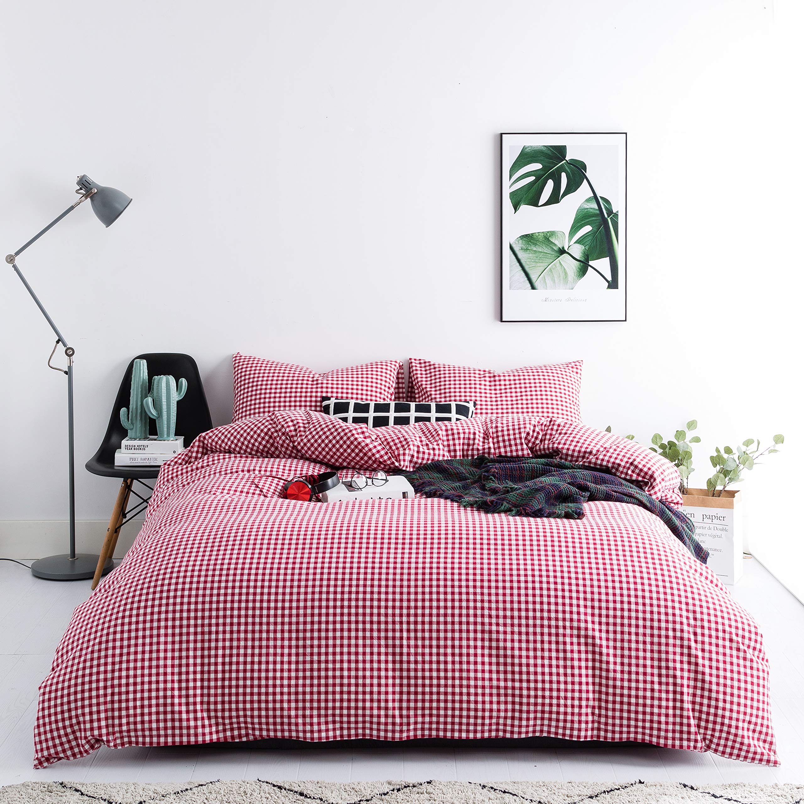 SUSYBAO Red Gingham Duvet Cover Queen 100% Washed Cotton Farmhouse Plaid Duvet Cover Set 3 Pcs 1 Minimalist Grid Patterned Duvet