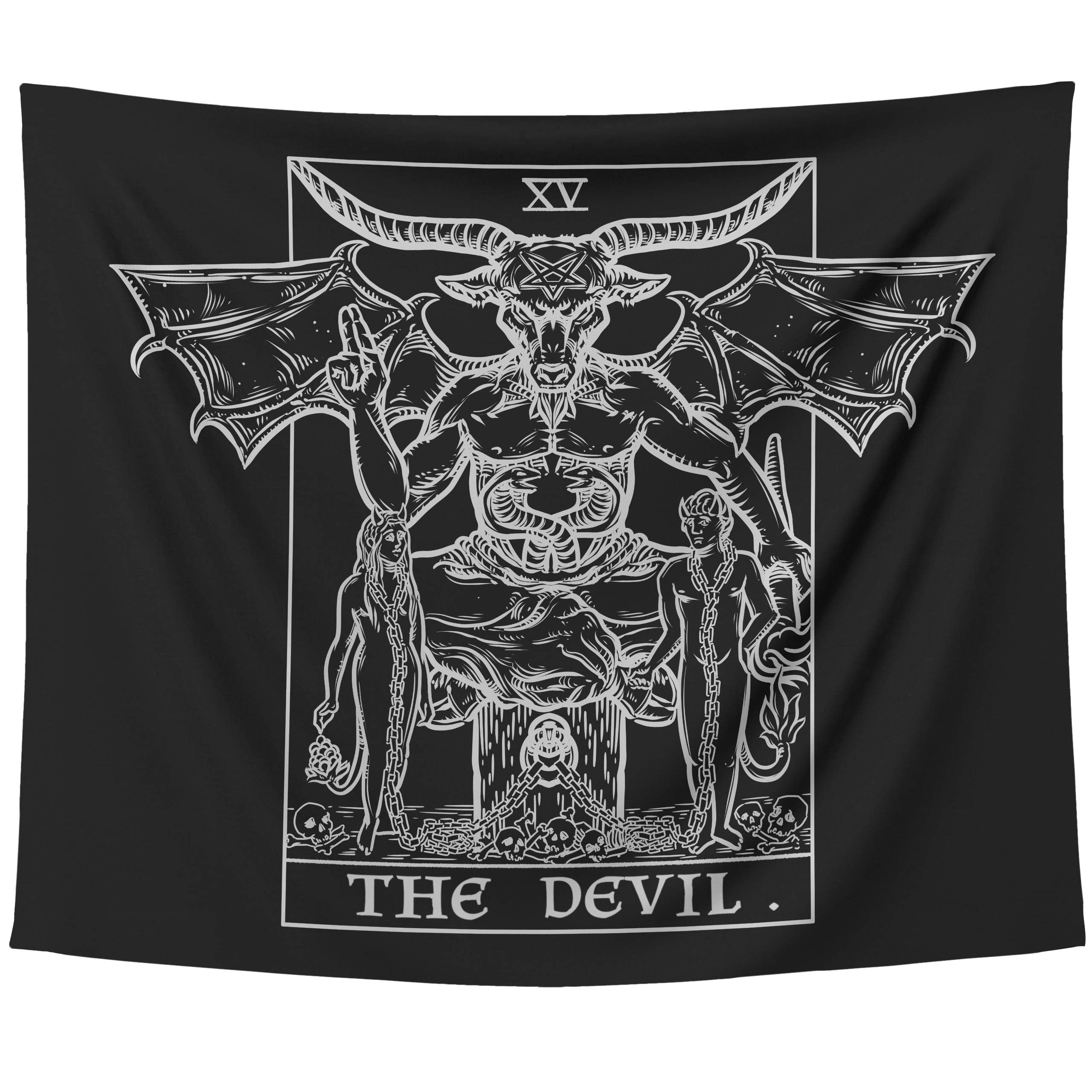 The Devil Tarot Card Tapestry (Black & White) - Baphomet - Gothic Satanic Witch Halloween Home Decor Wall Hanging (59  x 51 )
