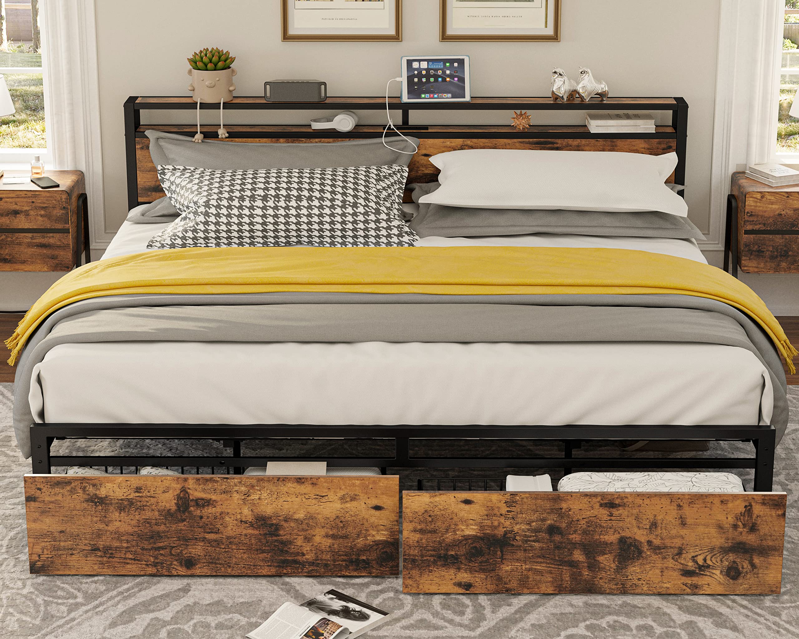 LIKIMIO King Bed Frame with Storage Headboard, Platform Bed with Drawers and Charging Station, No Box Spring Needed, Easy Assemb