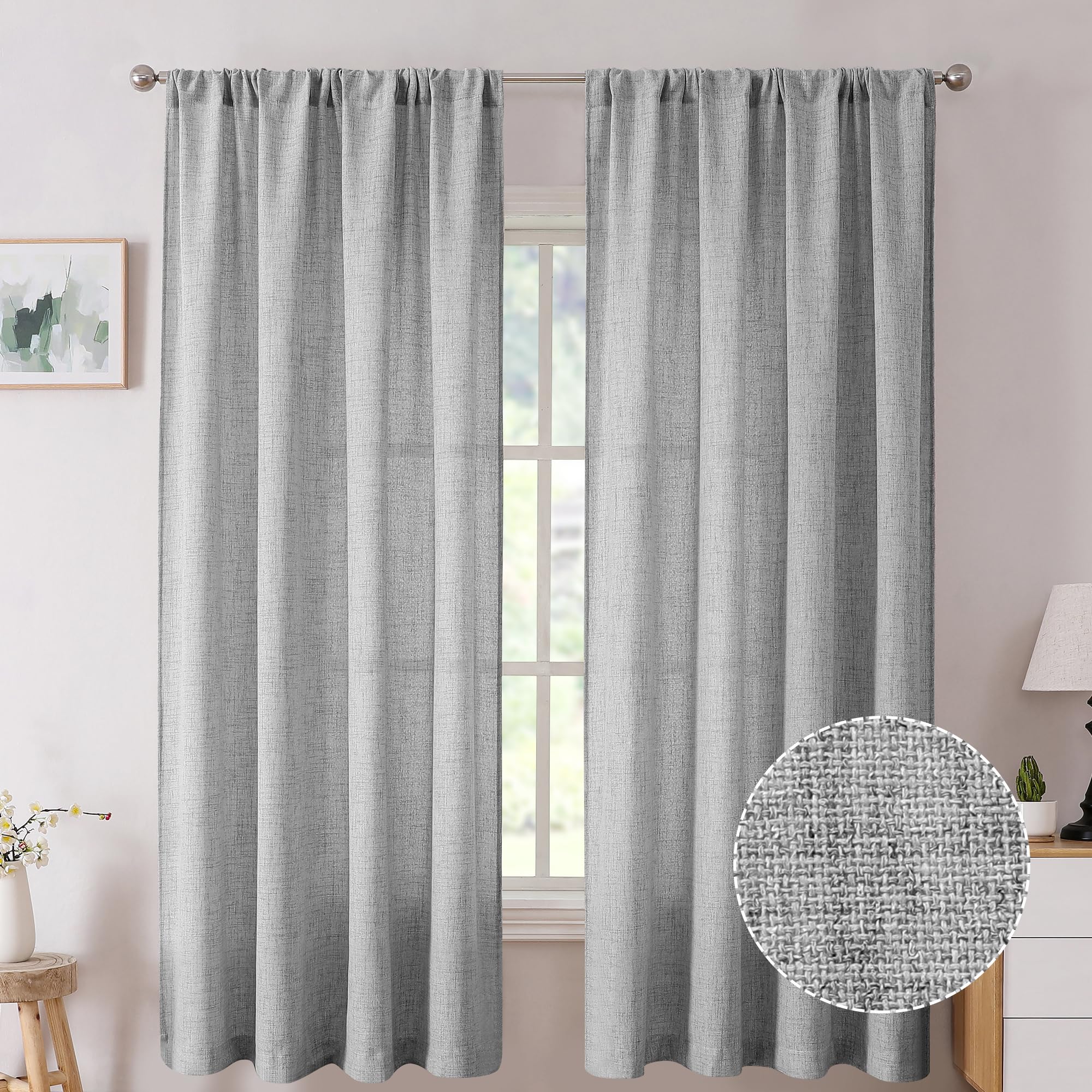 Tollpiz Linen Curtains Living Room Rod Pocket Semi Sheer Curtain Burlap Light Filtering Thick Linen Drapes for Bedroom, 38 x 63 