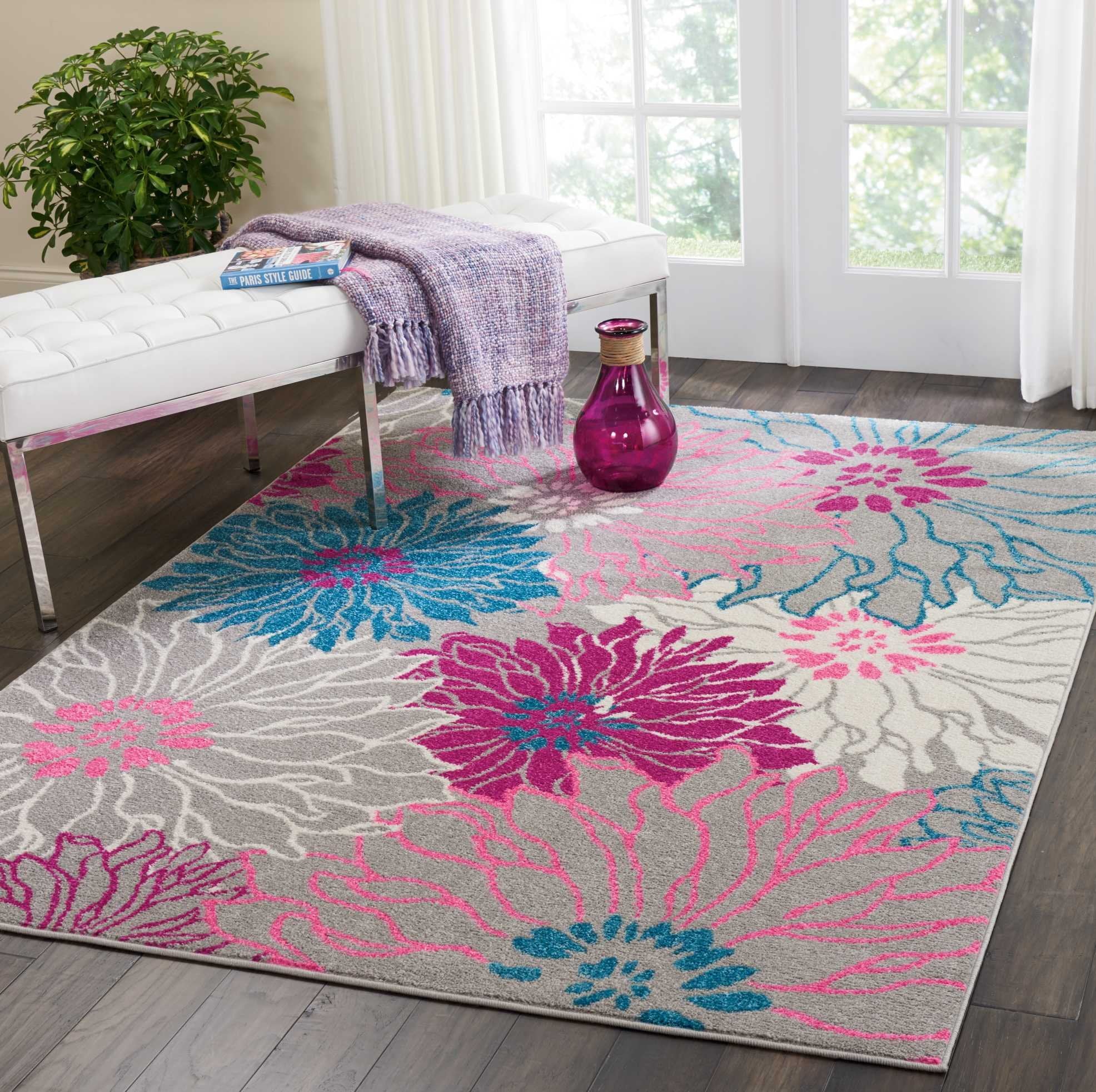 Nourison Passion Grey 53 x 73 Area Rug, Floral, Farmhouse, Easy Cleaning, Non Shedding, Bed Room, Living Room, Dining Room, Ki